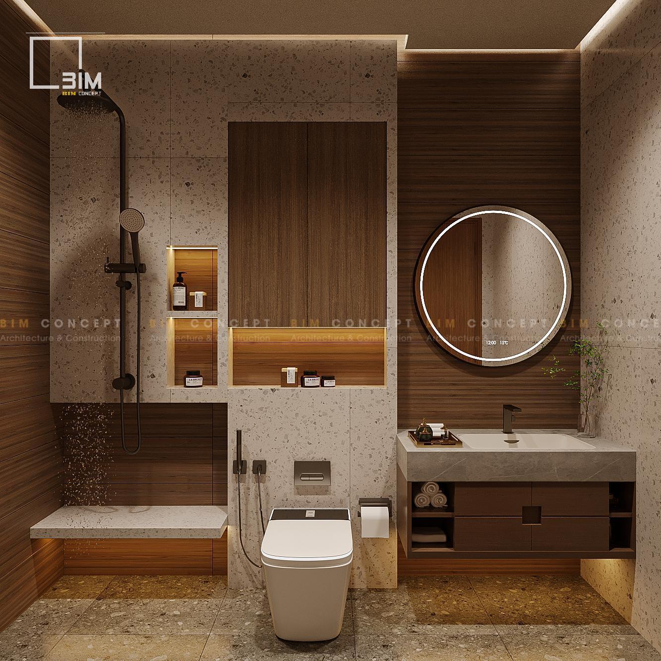 Nội thất phòng tắm ốp gạch vân đá và gỗ nâu ấm áp