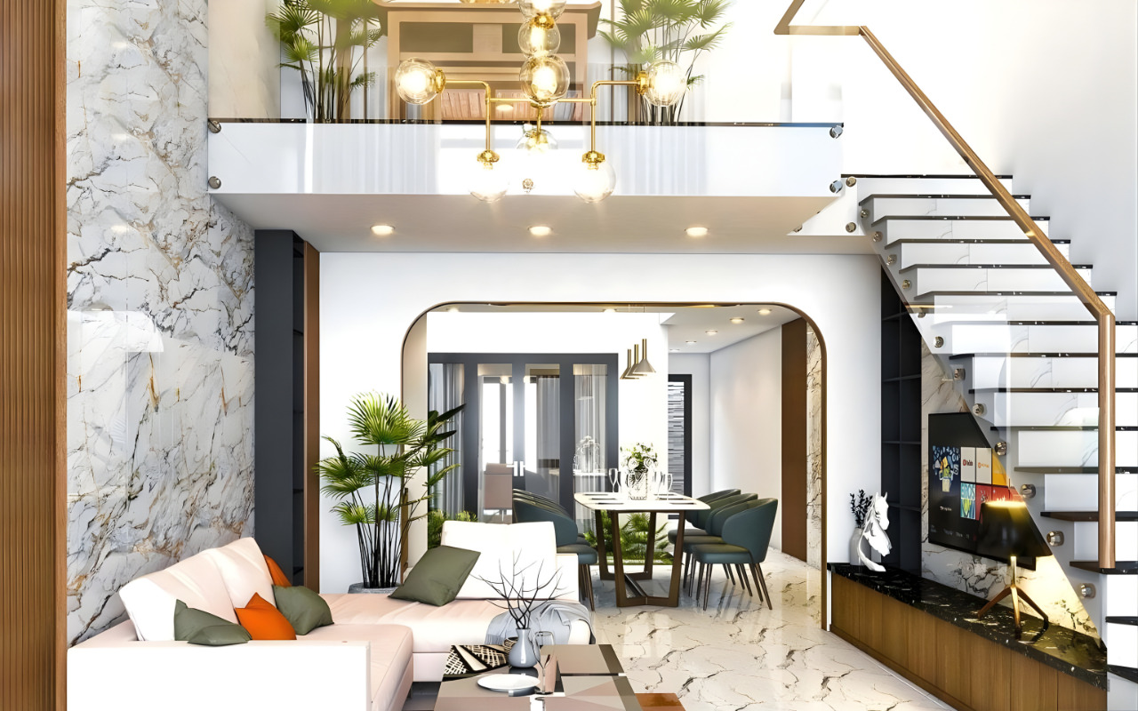 Mẫu phòng khách nhà ổng có gác lửng hiện đại - Nguồn: Tham khảo