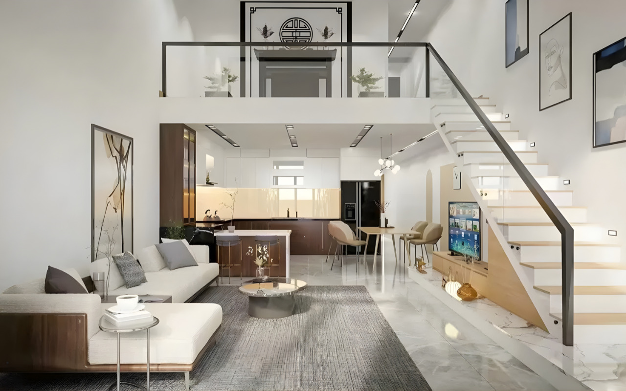 Thiết kế nhà ống 100m2 với phòng khách có gác lửng - Nguồn: Tham khảo