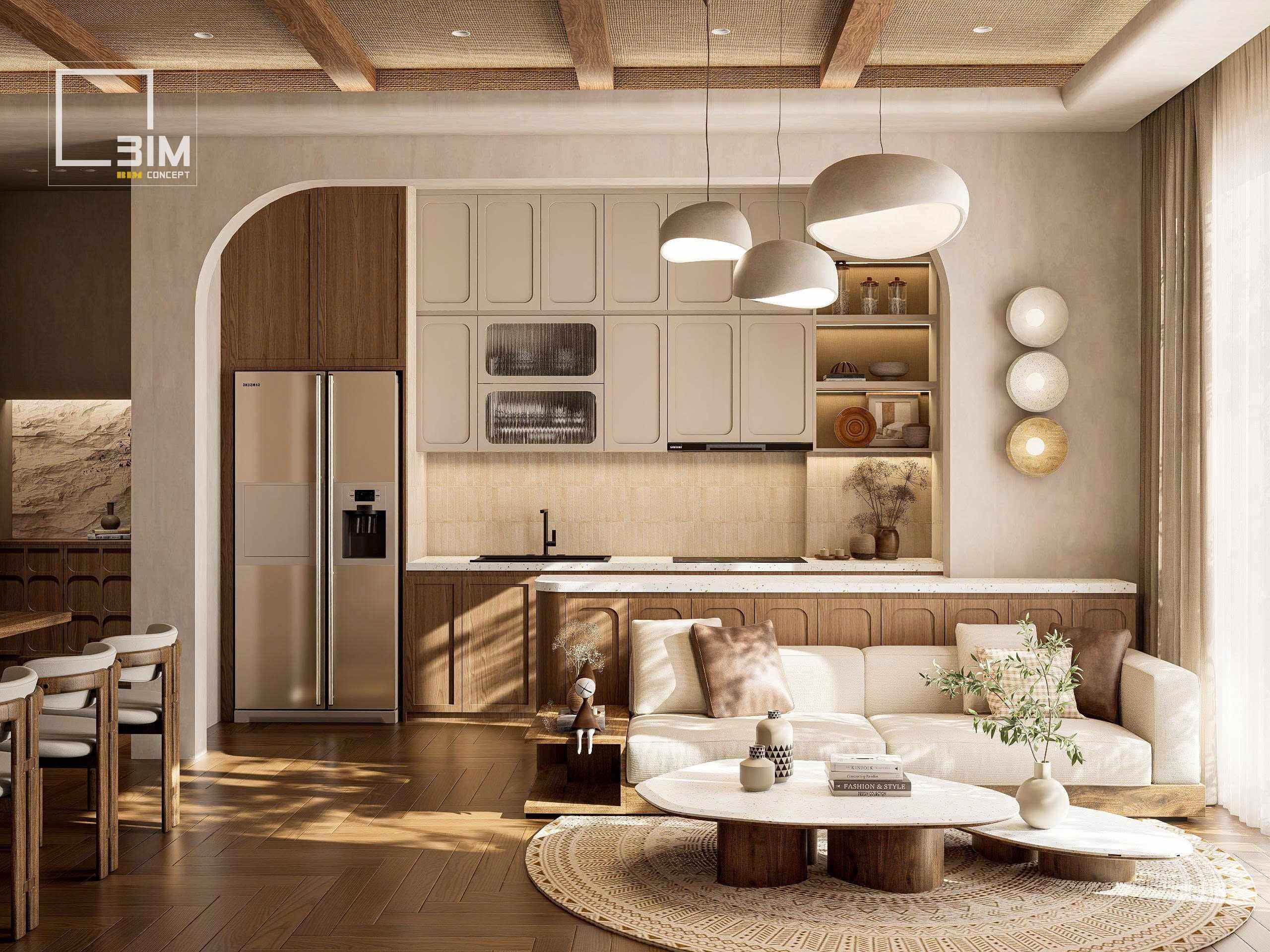 Sự tối giản thanh lịch trong thiết kế nội thất phòng khách Wabi Sabi
