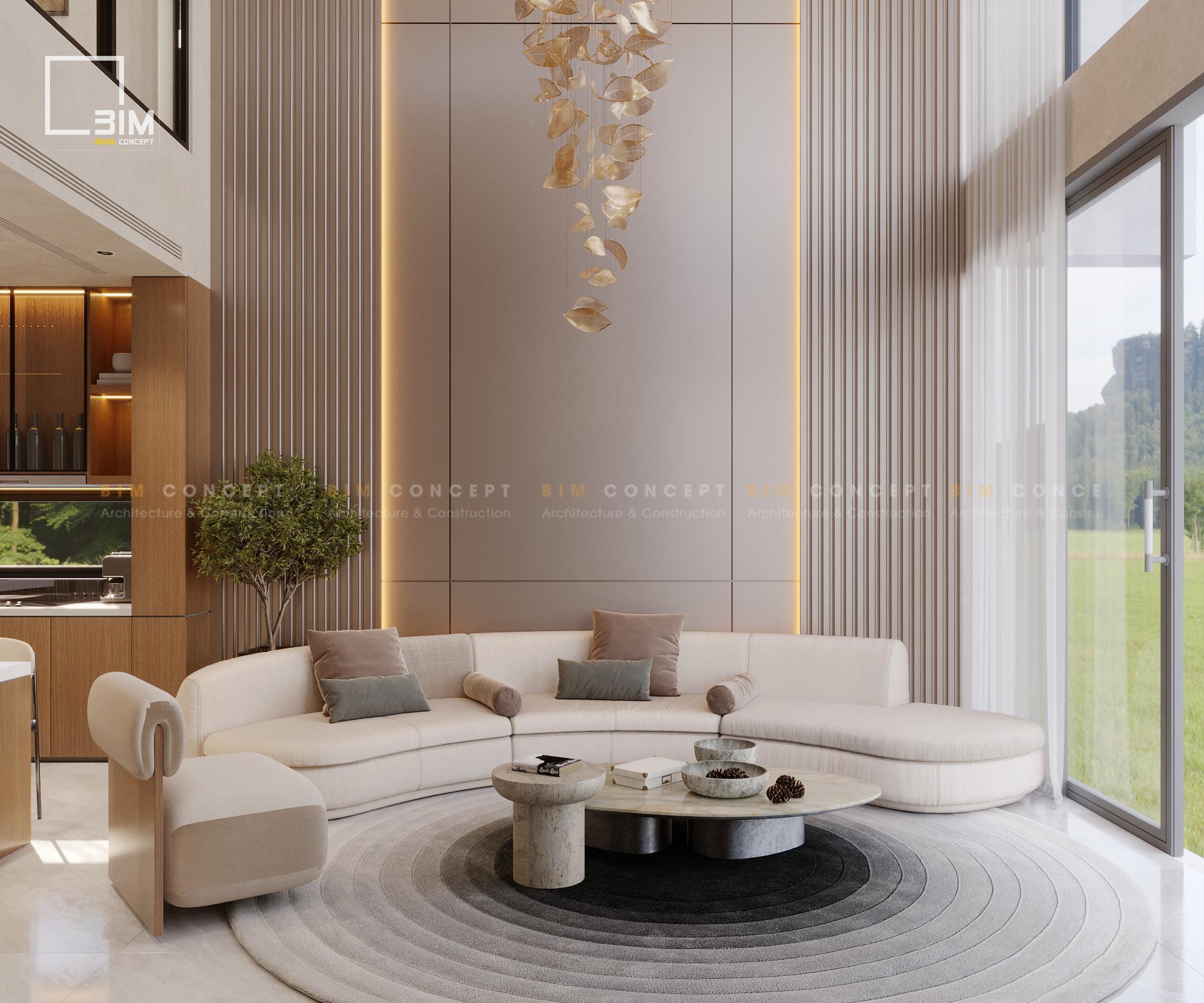 Thiết kế nội thất biệt thự sang trọng, sofa cong mềm mại thư giãn