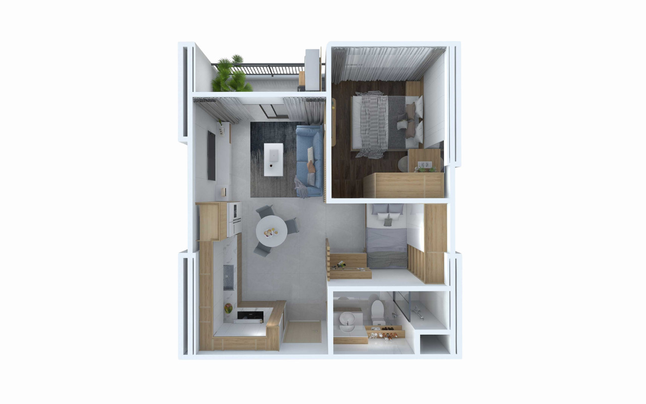Bản vẽ phối cảnh 3D mặt bằng nội bố trí nội thất căn hộ 50m2