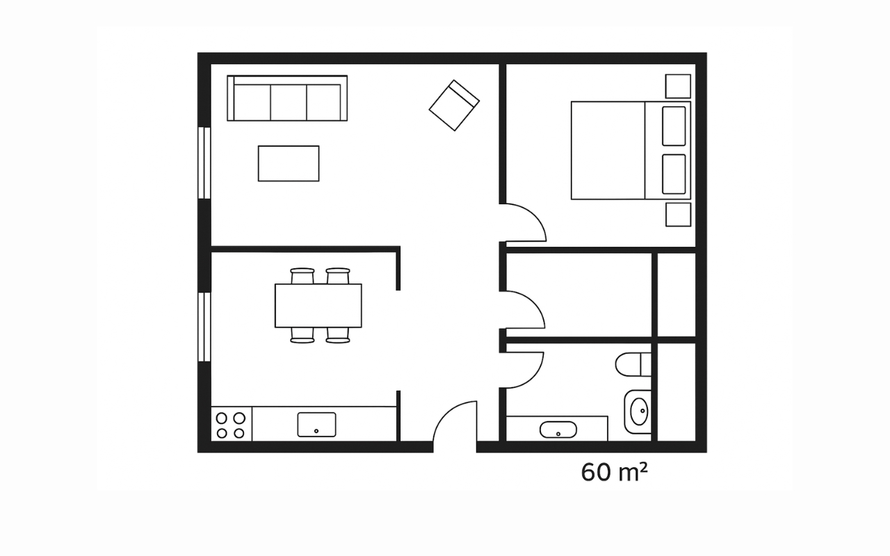 Bản vẽ bố trí mặt bằng nội thất căn hộ 60m2 1 phòng ngủ