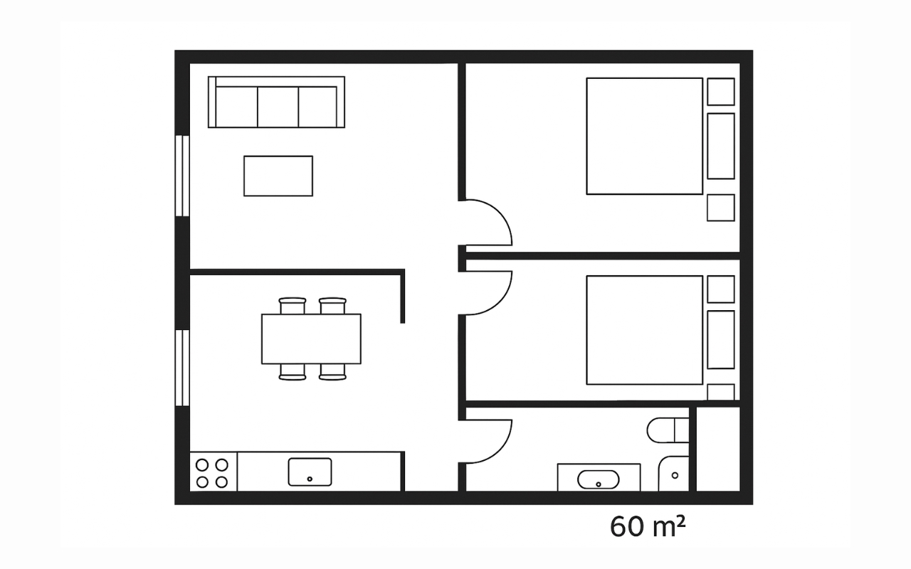 Bản vẽ bố trí mặt nội thất căn hộ 60m2 2 phòng ngủ