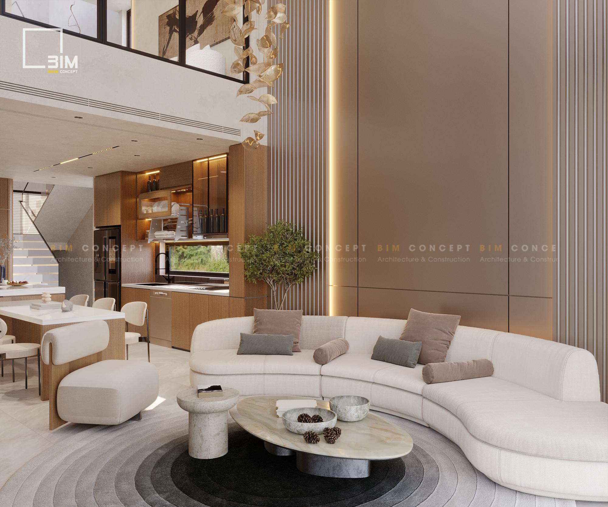 Thiết kế nội thất phòng khách liên thông bếp và khu vực ăn