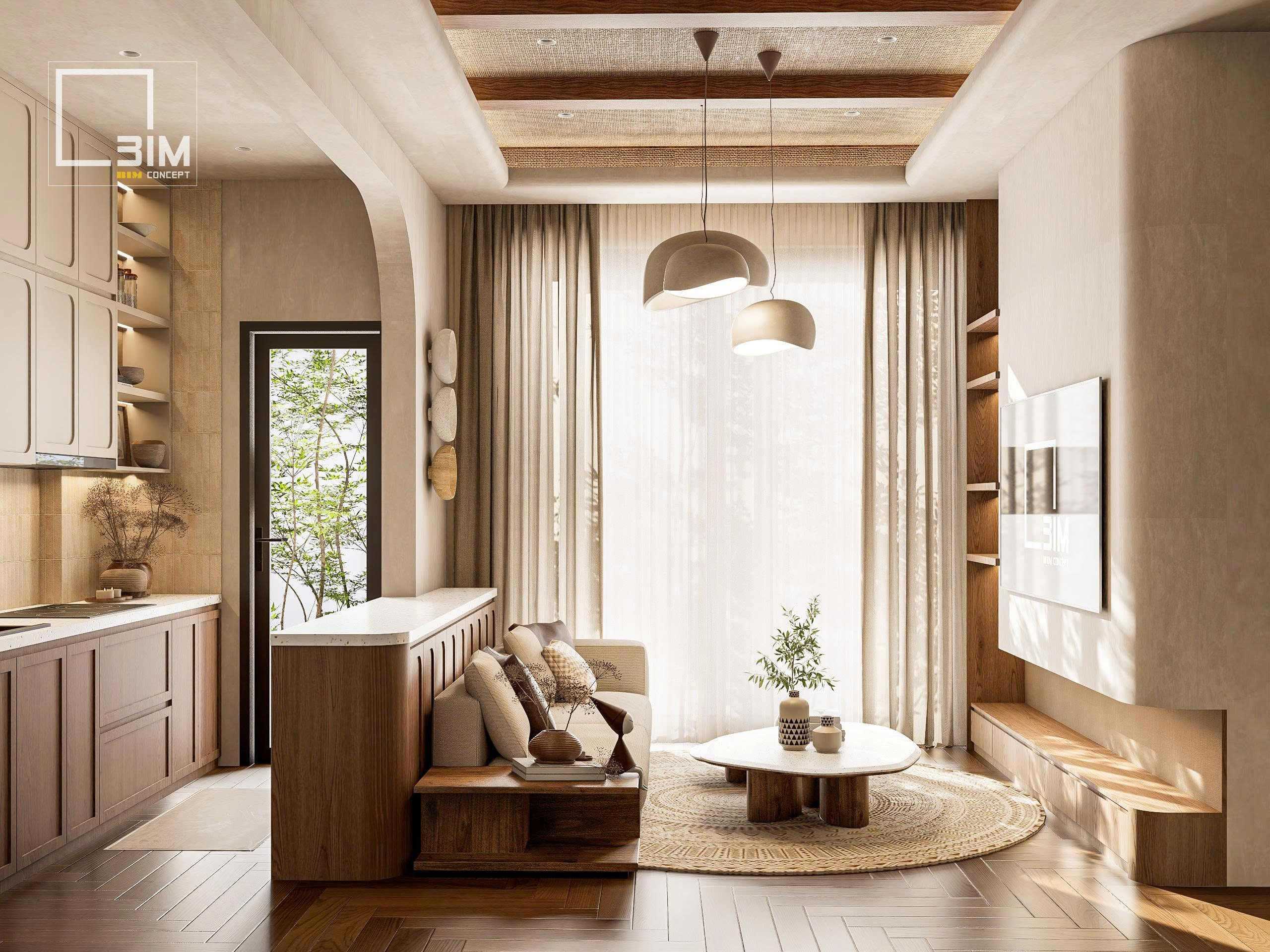 Thiết kế nội thất phòng khách Wabi Sabi tinh tế