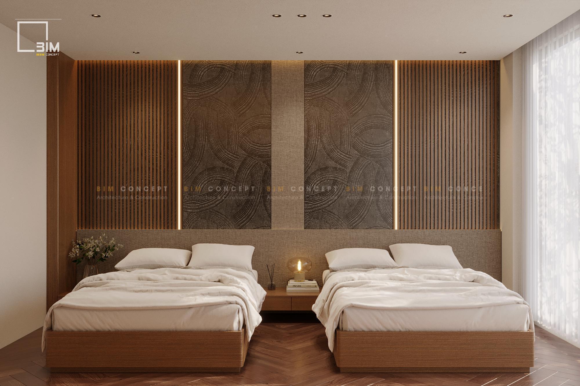 Thiết kế nội thất phòng ngủ biệt thự hai giường đơn ấm áp