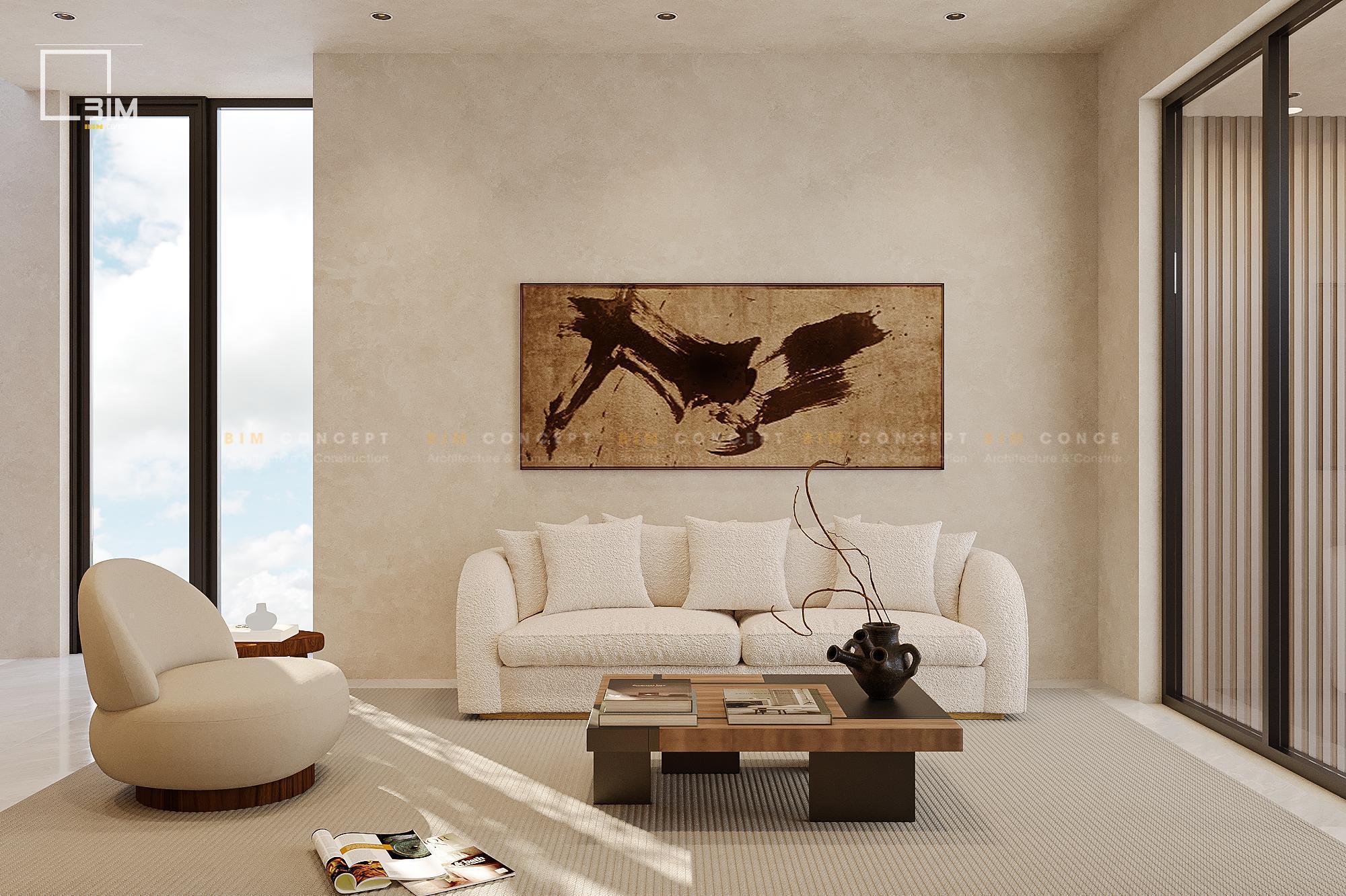 Thiết kế nội thất phòng sinh hoạt chung với sofa kem êm ái