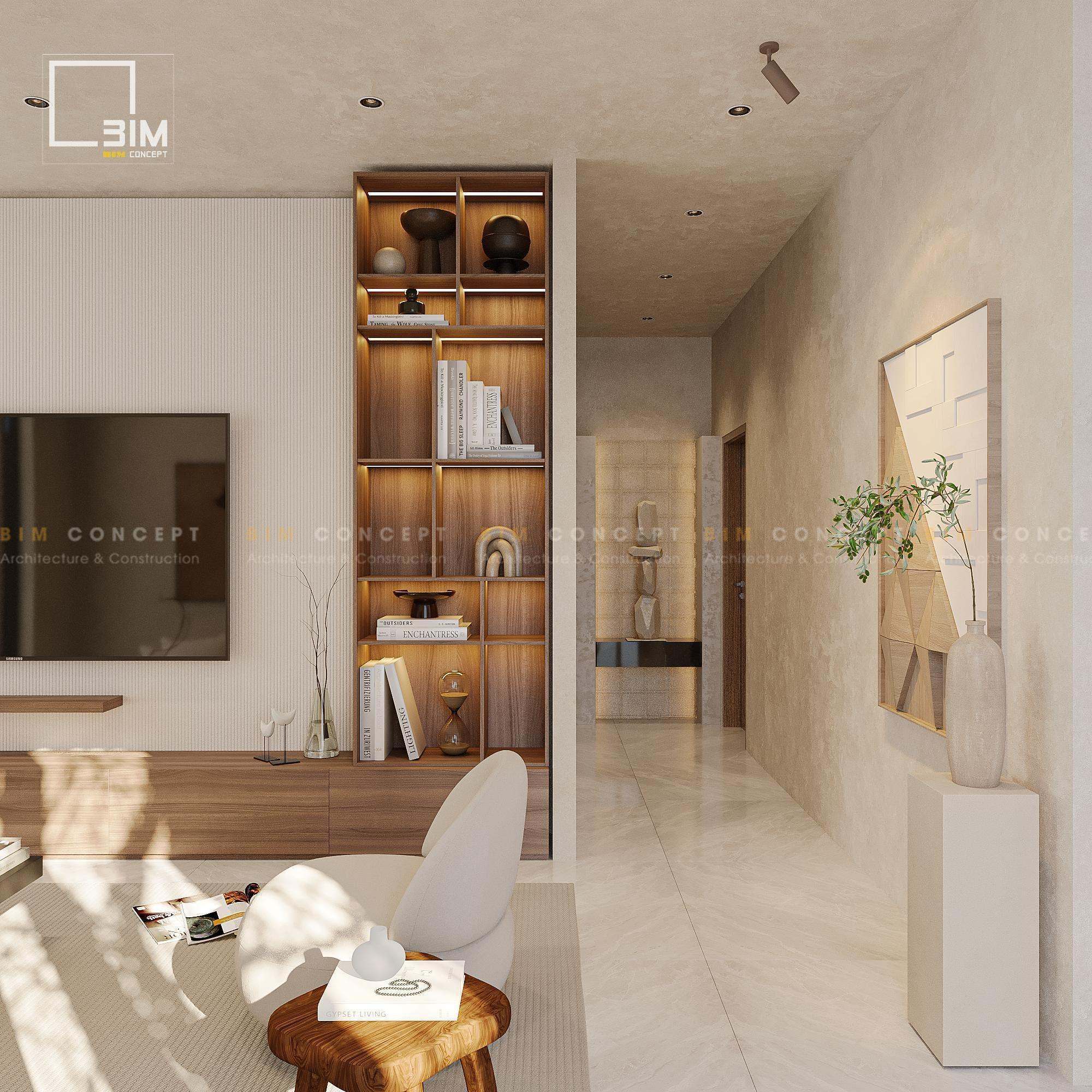 Thiết kế nội thất phòng sinh hoạt chung với tranh trừu tượng