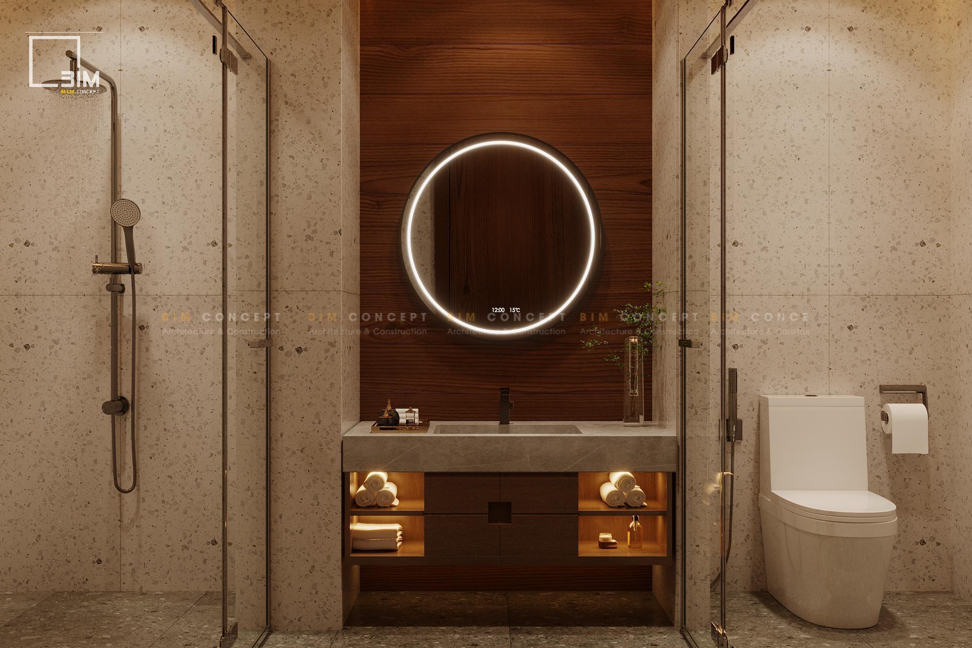 Thiết kế nội thất phòng vệ sinh với gương tròn LED và tường gỗ