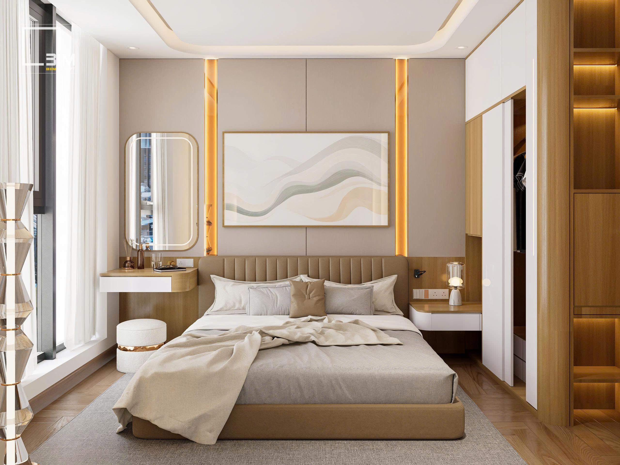 Thiết kế phòng ngủ tone be nâu hiện đại tinh tế