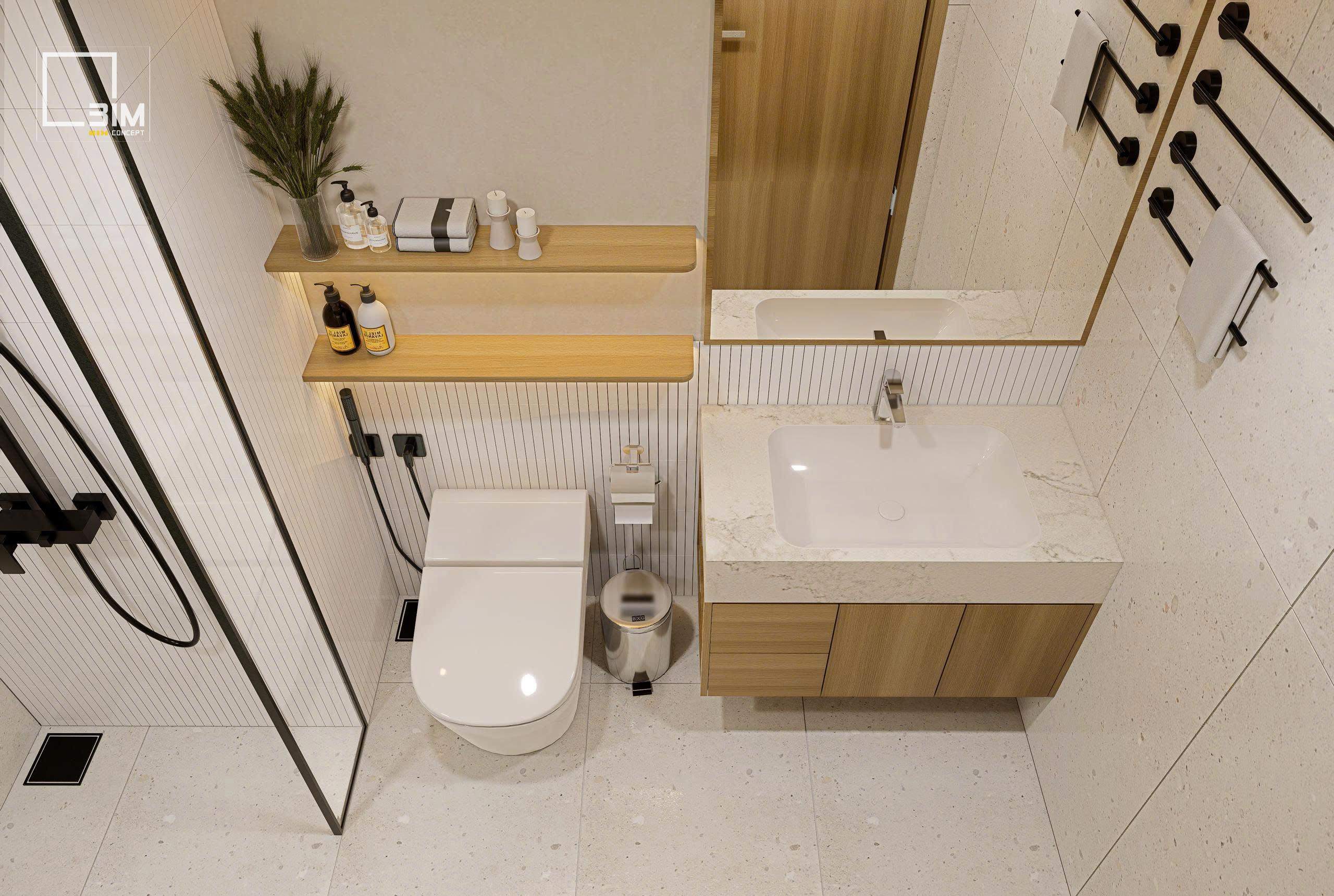 Khu tắm kính ngăn khô thoáng trong phòng vệ sinh nhỏ