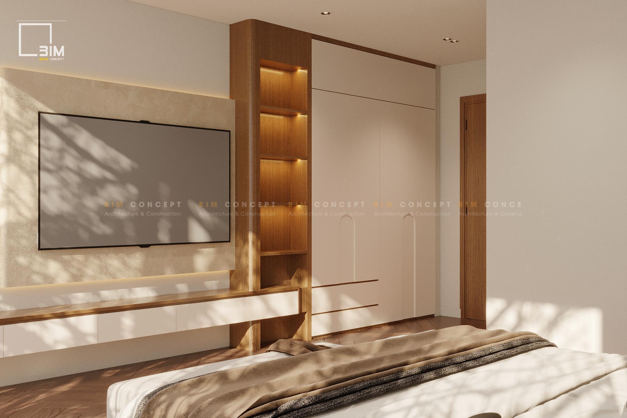 Tivi treo tường và tủ quần áo tích hợp kệ trang trí tiện dụng