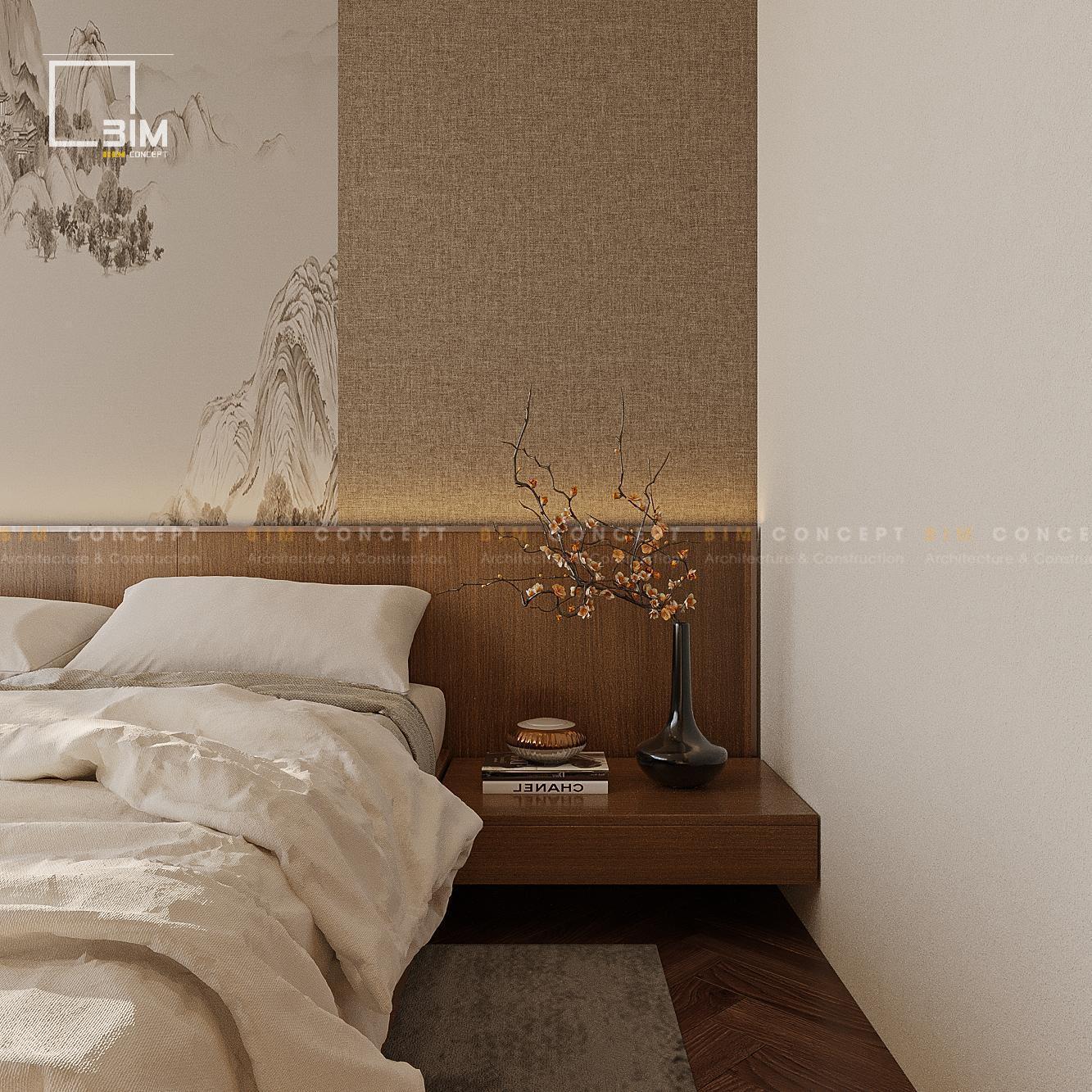 Tủ đầu giường tối giản với đèn ngủ và vật dụng trang trí