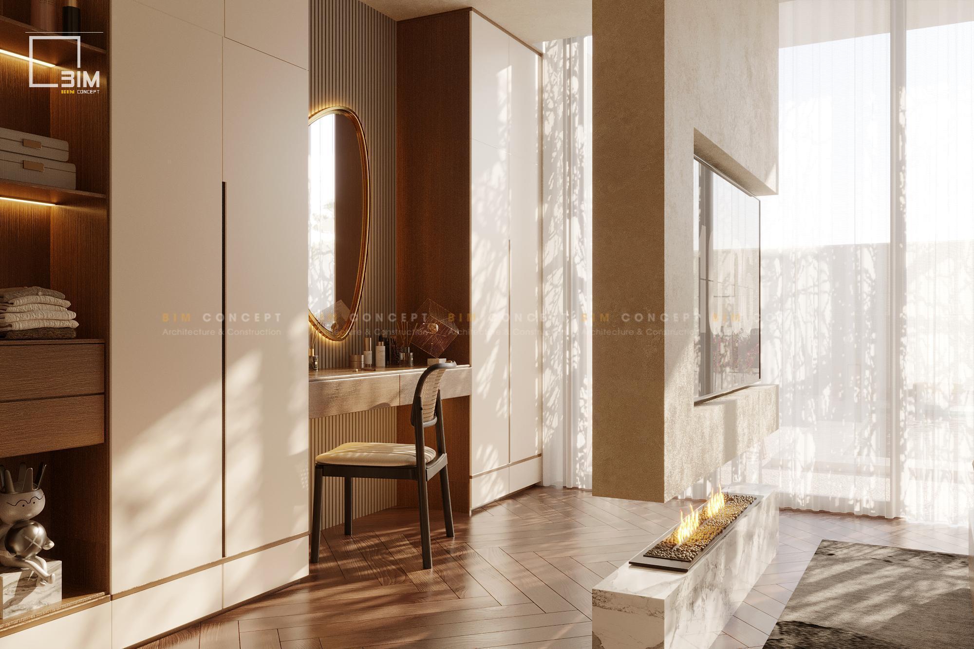 Tủ quần áo cánh phẳng kết hợp kệ trang trí gỗ có đèn