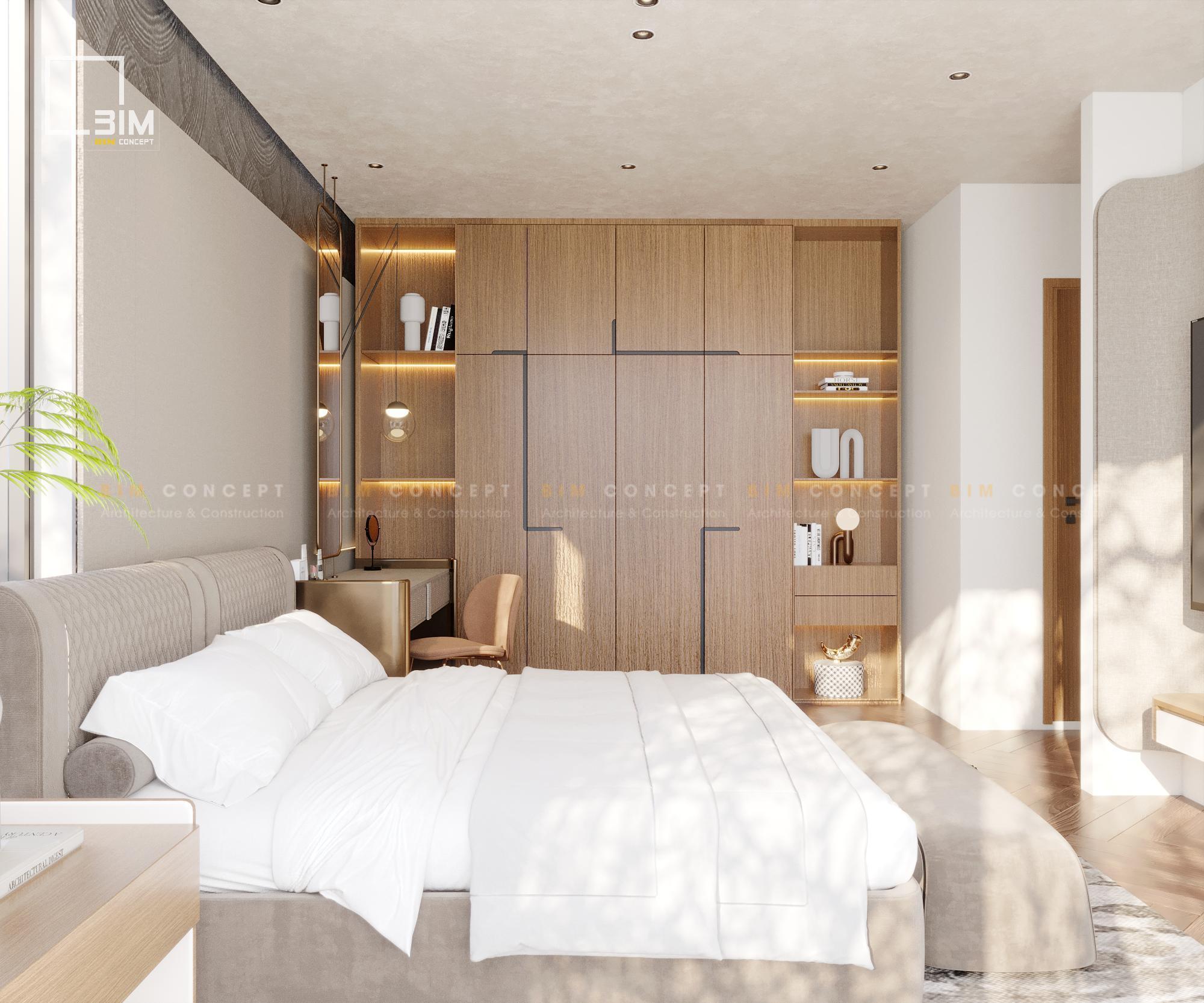 Tủ quần áo gỗ cao cấp, tích hợp kệ mở trang trí có đèn