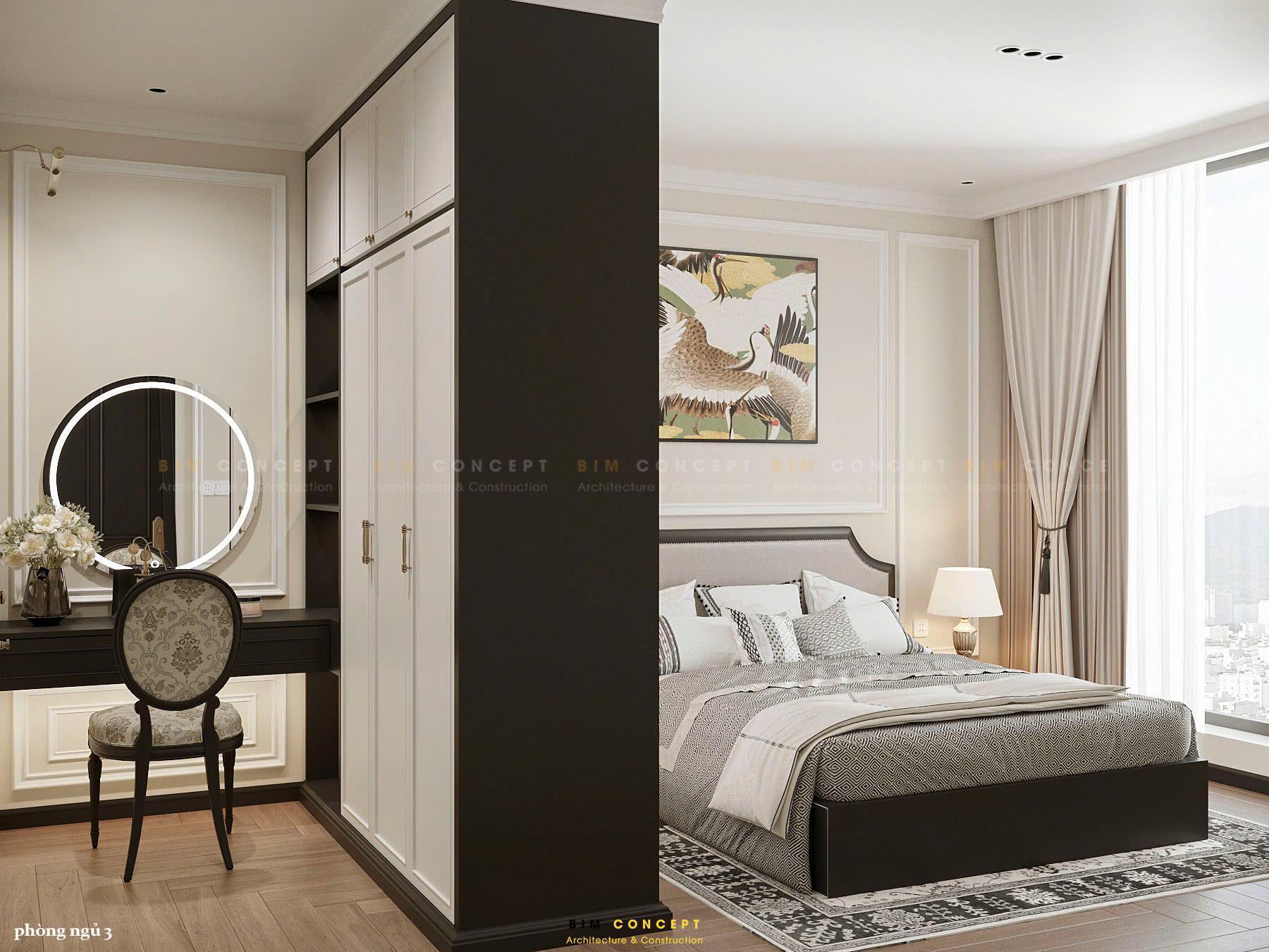 Tủ quần áo làm vách ngăn giữa phòng ngủ và khu vực thay đồ