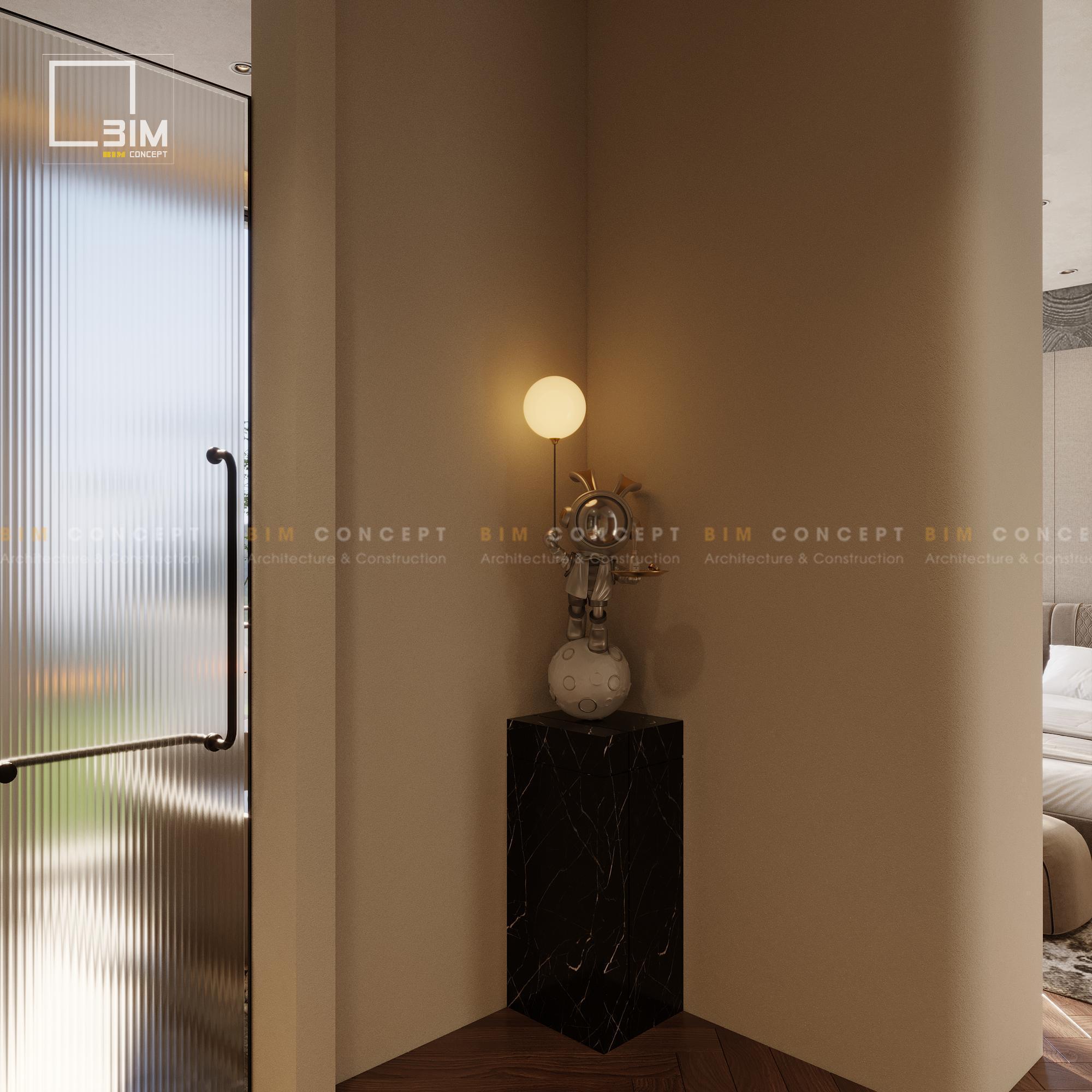 Tượng phi hành gia và đèn góc tạo điểm nhấn cá tính