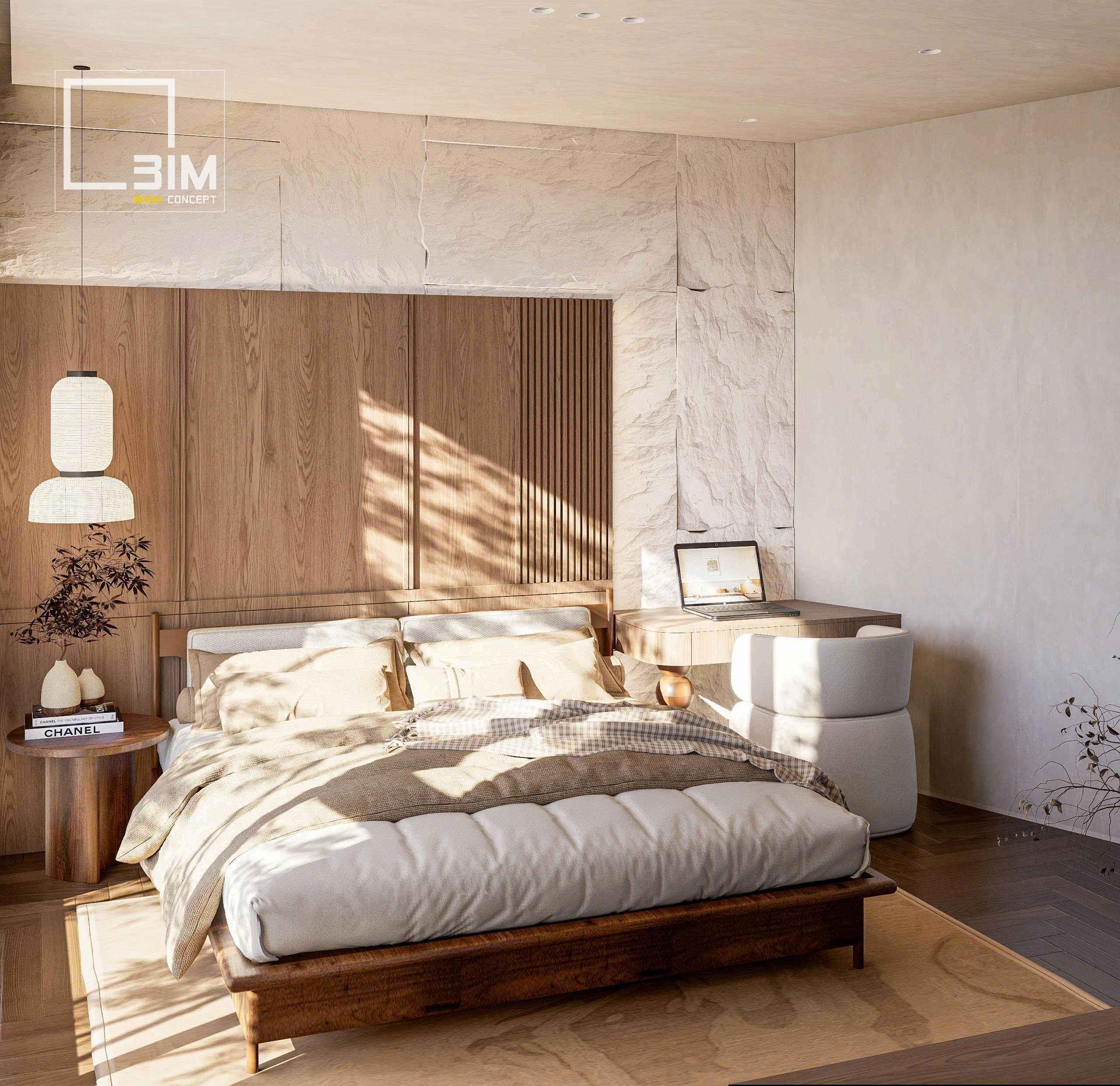 Vách đầu giường ốp gỗ đá đẹp cho thiết kế nội thất căn hộ 89m2