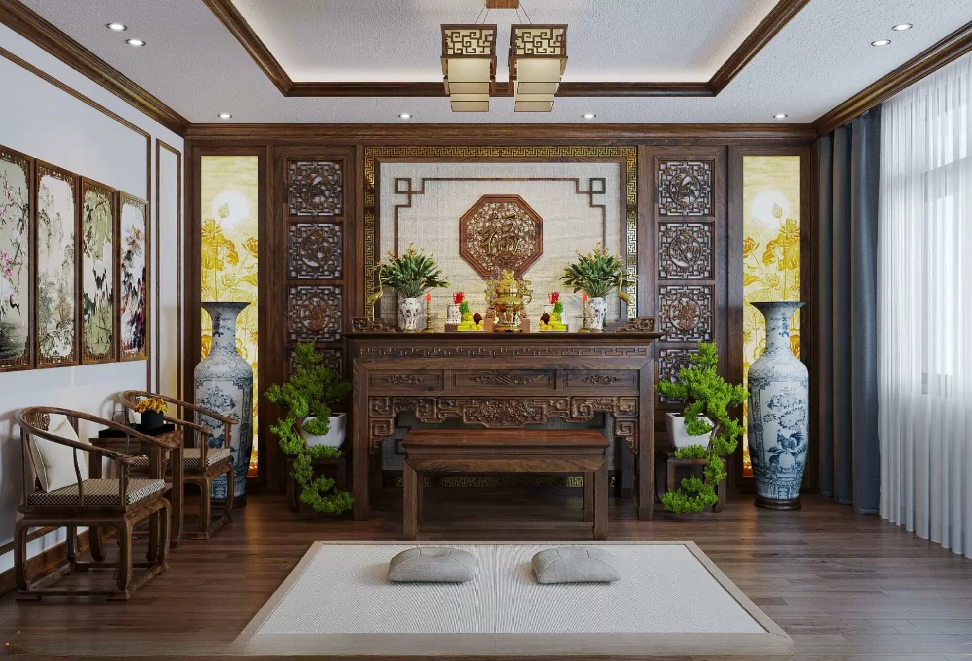 Phòng thờ luôn ưu tiên vị trí trang trọng để giữ gìn sự tôn nghiêm và ổn định năng lượng