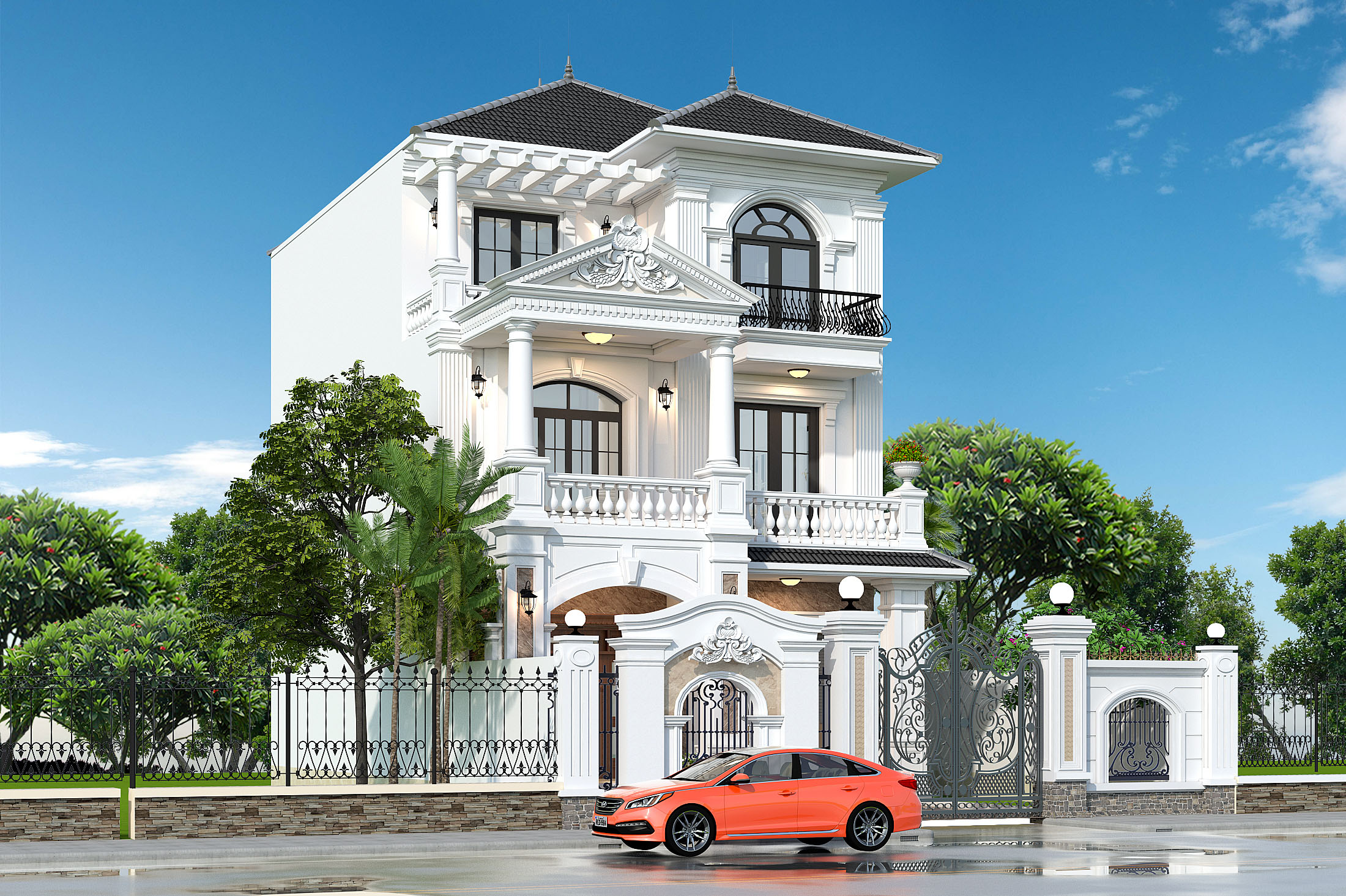 Mặt tiền thường được xử lý đối xứng, sử dụng hệ cột lớn kết hợp lan can sắt hoa văn và đèn tường cổ điển