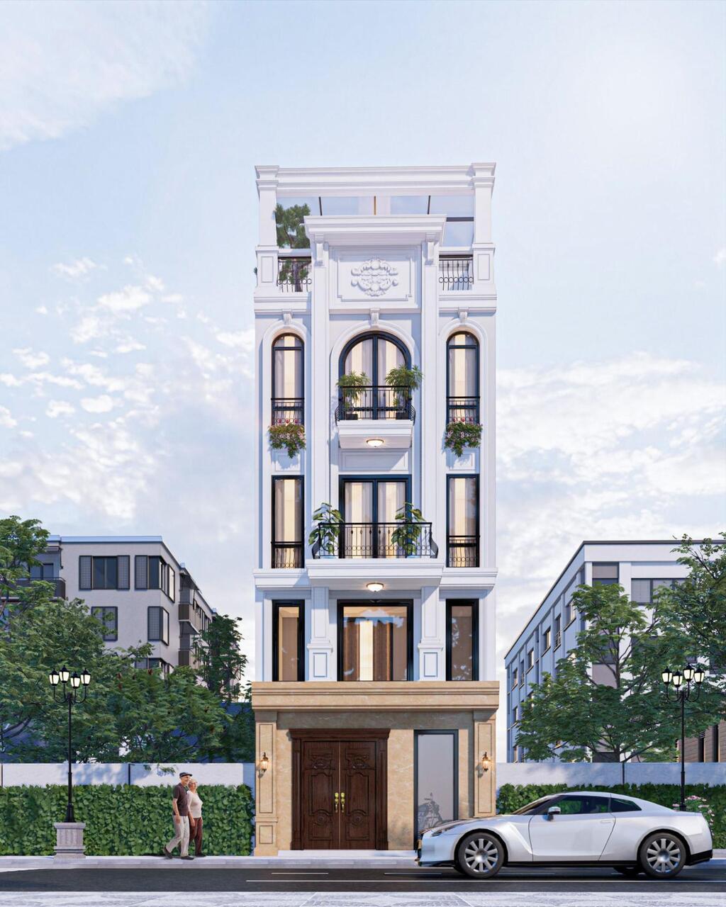 Cửa kính cao và hệ ban công đua ra phía trước giúp công trình thêm thông thoáng và sang trọng