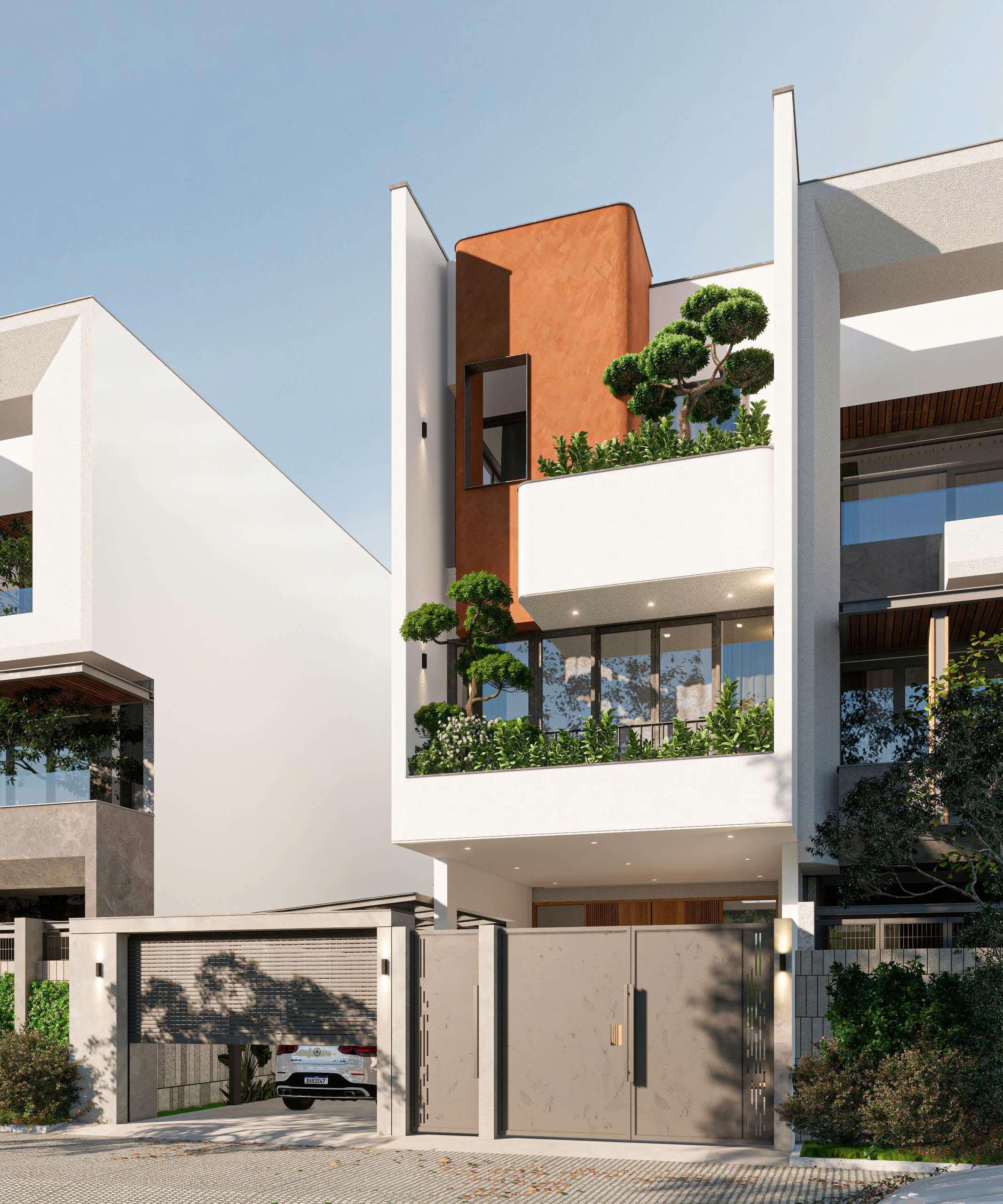 Thiết kế nhà phố 3 tầng hiện đại, mảng xanh tối ưu ánh sáng