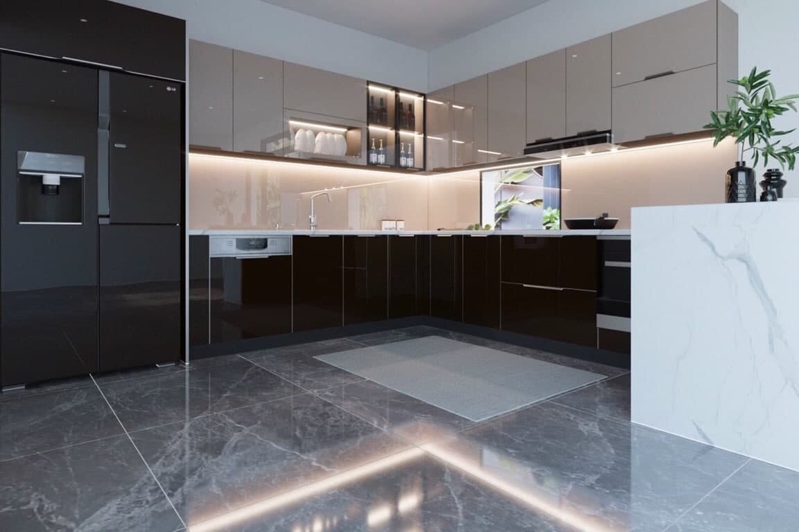 Kính ốp bếp màu đen mang đến vẻ đẹp sang trọng