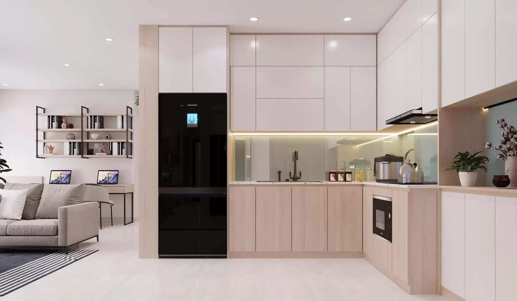 Kính ốp bếp màu kem - be mang lại cảm giác ấm áp