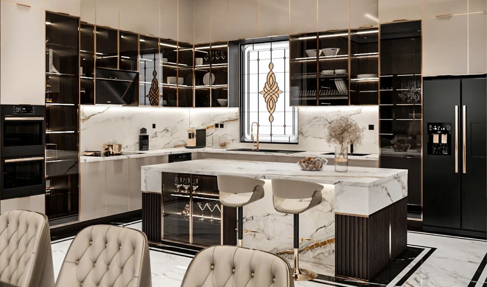 Kính ốp bếp in hoa văn hoặc vân đá tạo điểm nhấn thẩm mỹ nổi bật cho khu vực bếp nấu