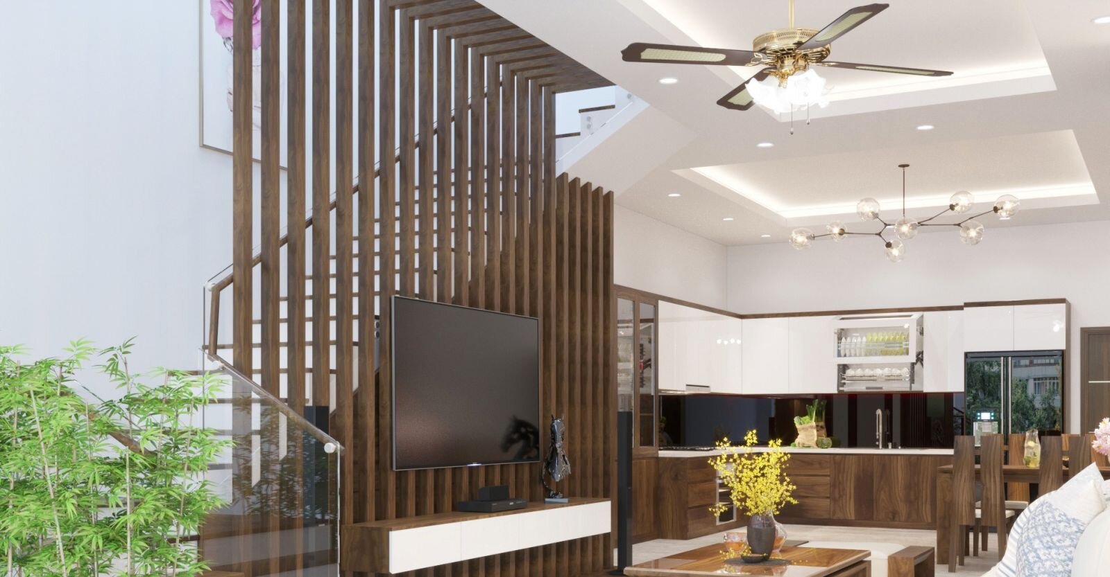 Lam gỗ cầu thang kệ trưng bày độc đáo ấn tượng Lam gỗ vách ngăn tivi tối màu không gian mở