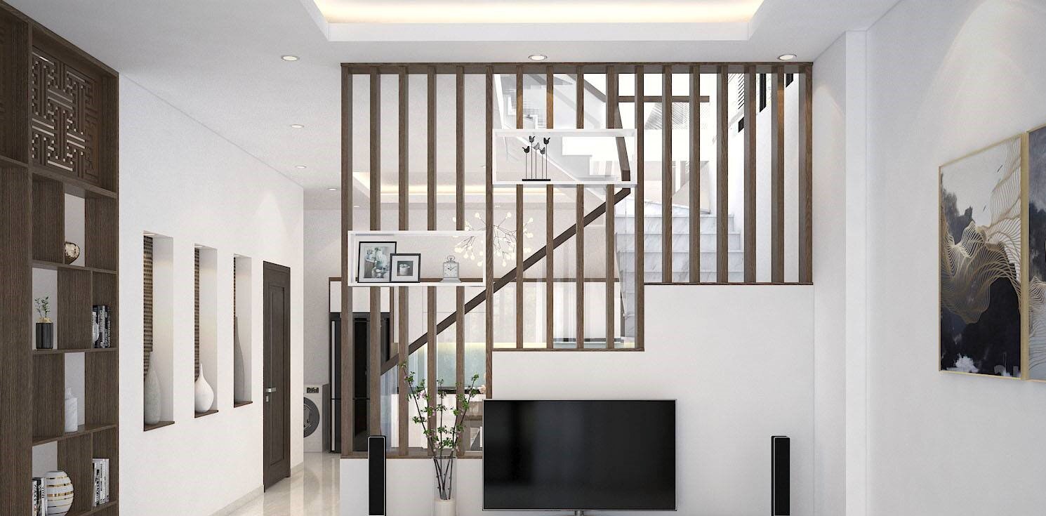 Lam gỗ tối cầu thang kệ trưng bày trắng tinh tế