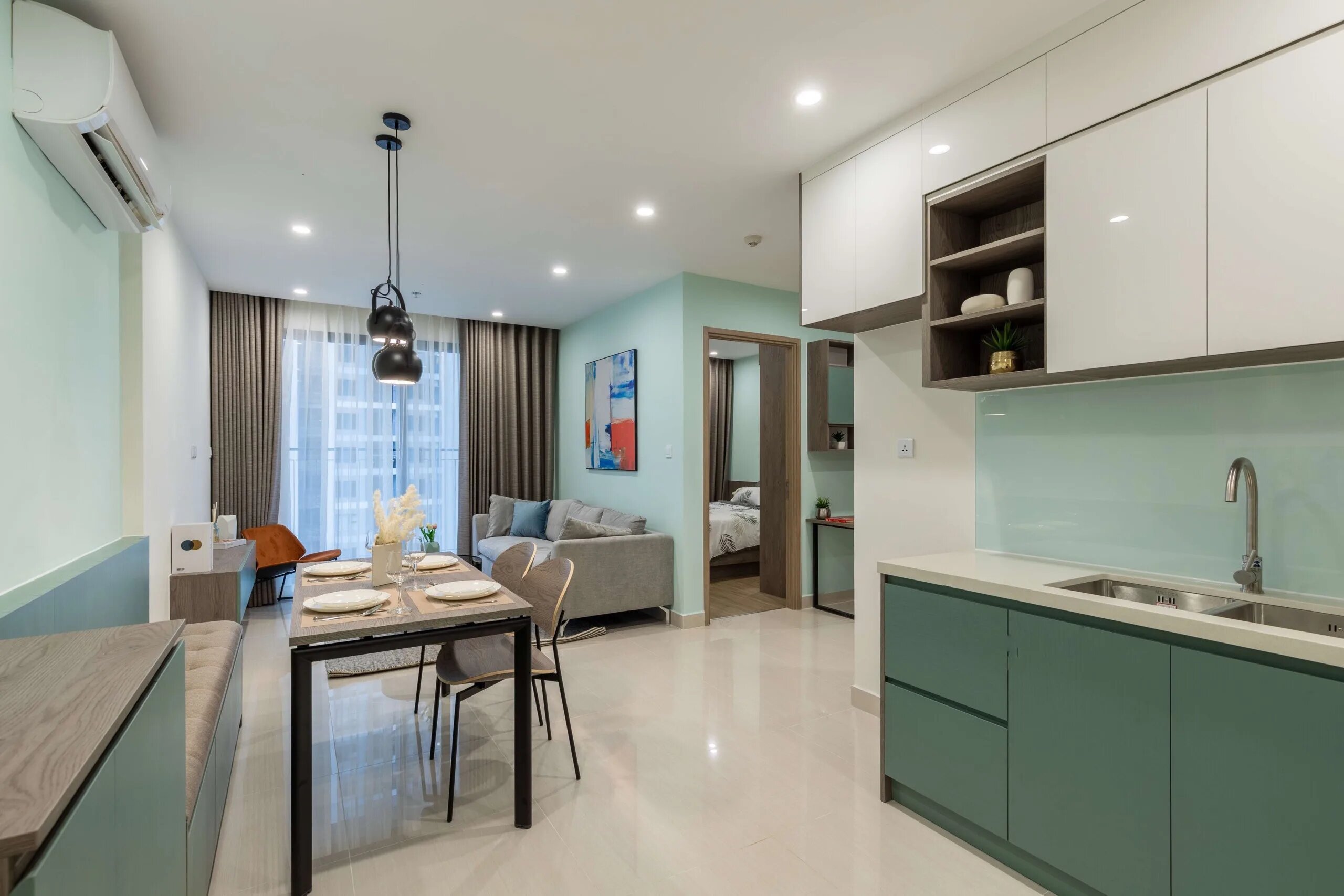 Tủ bếp xanh ngọc nổi bật để tạo cá tính riêng cho không gian