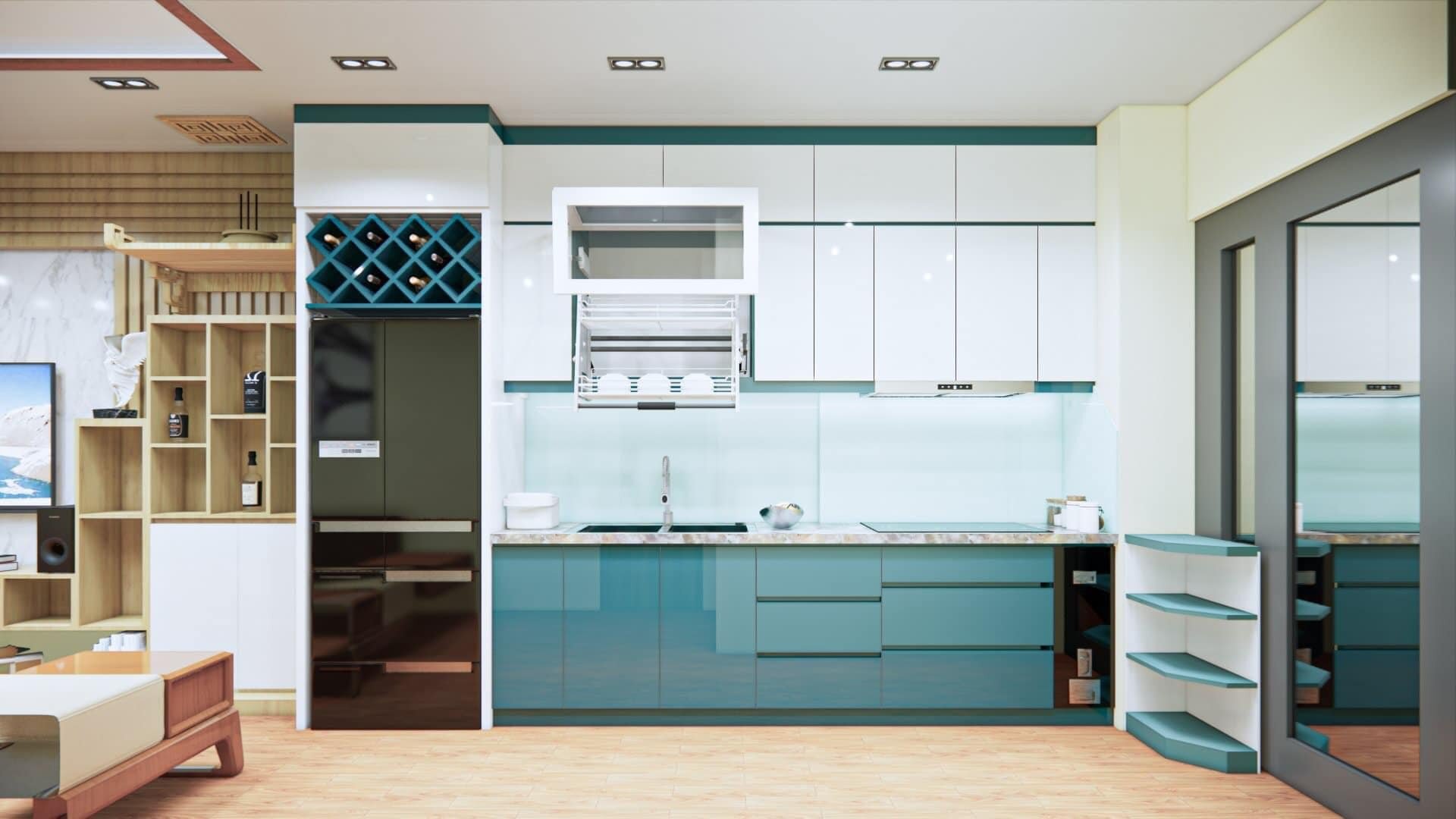 Tủ bếp xanh ngọc tạo cảm giác mát