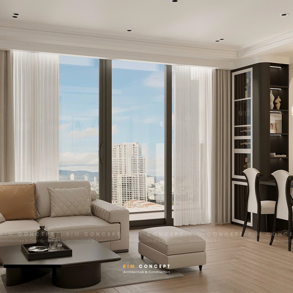 Sofa bọc nệm, đèn chùm hay bàn trà mặt đá là những chi tiết góp phần tạo nên vẻ đẹp đẳng cấp