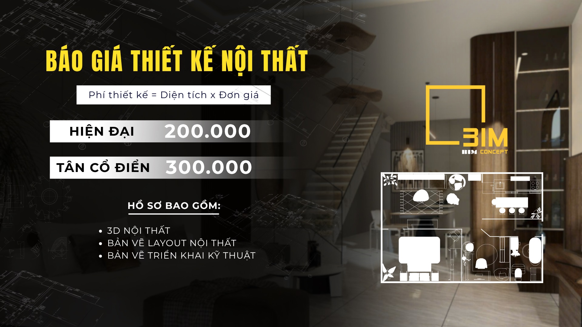 Đơn giá thiết kế nội thất chung cư 80m2 tại Bim Concept