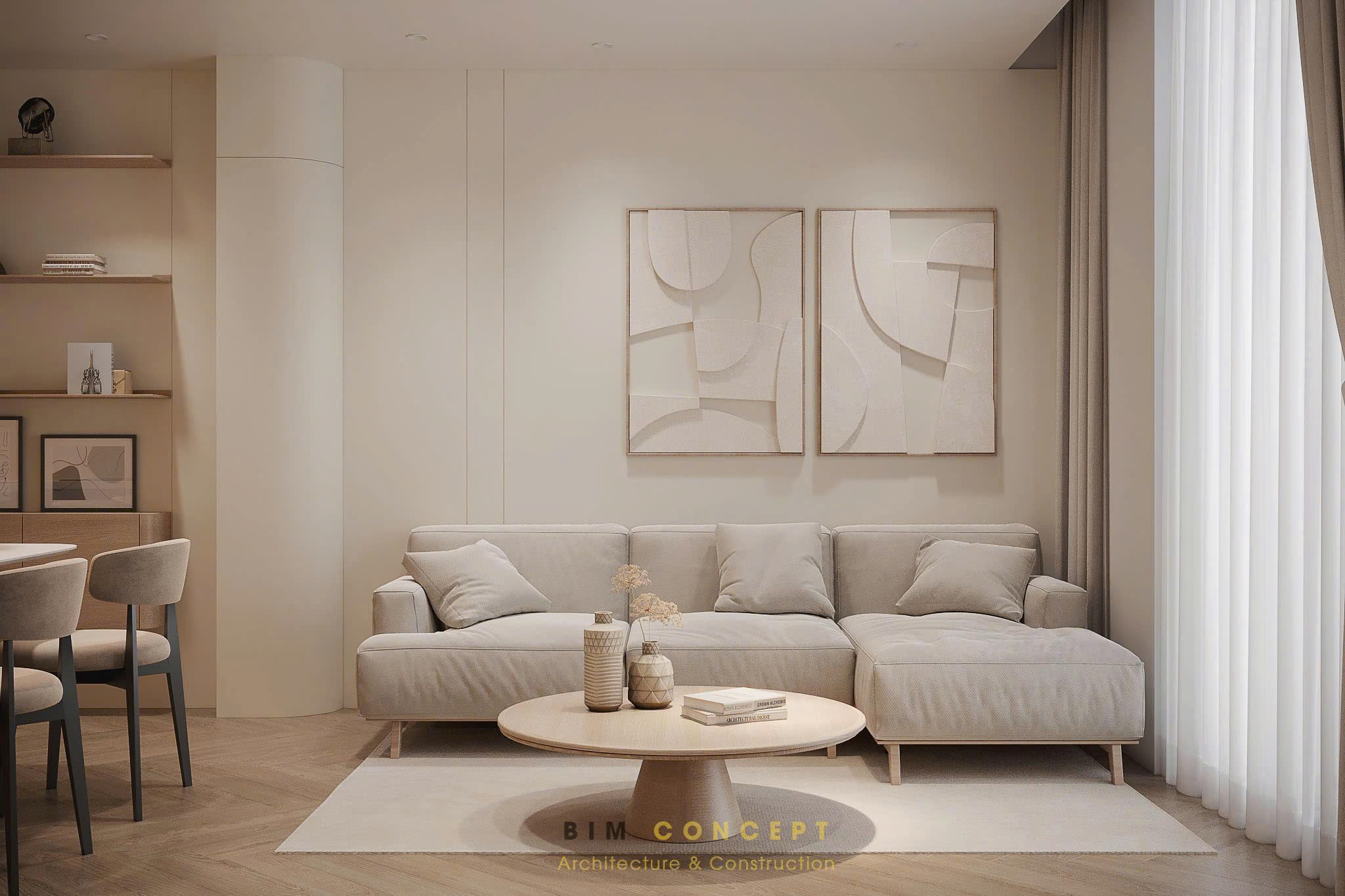 Phòng khách Minimalism thường ưu tiên sự thông thoáng và hạn chế bày trí quá nhiều nội thất