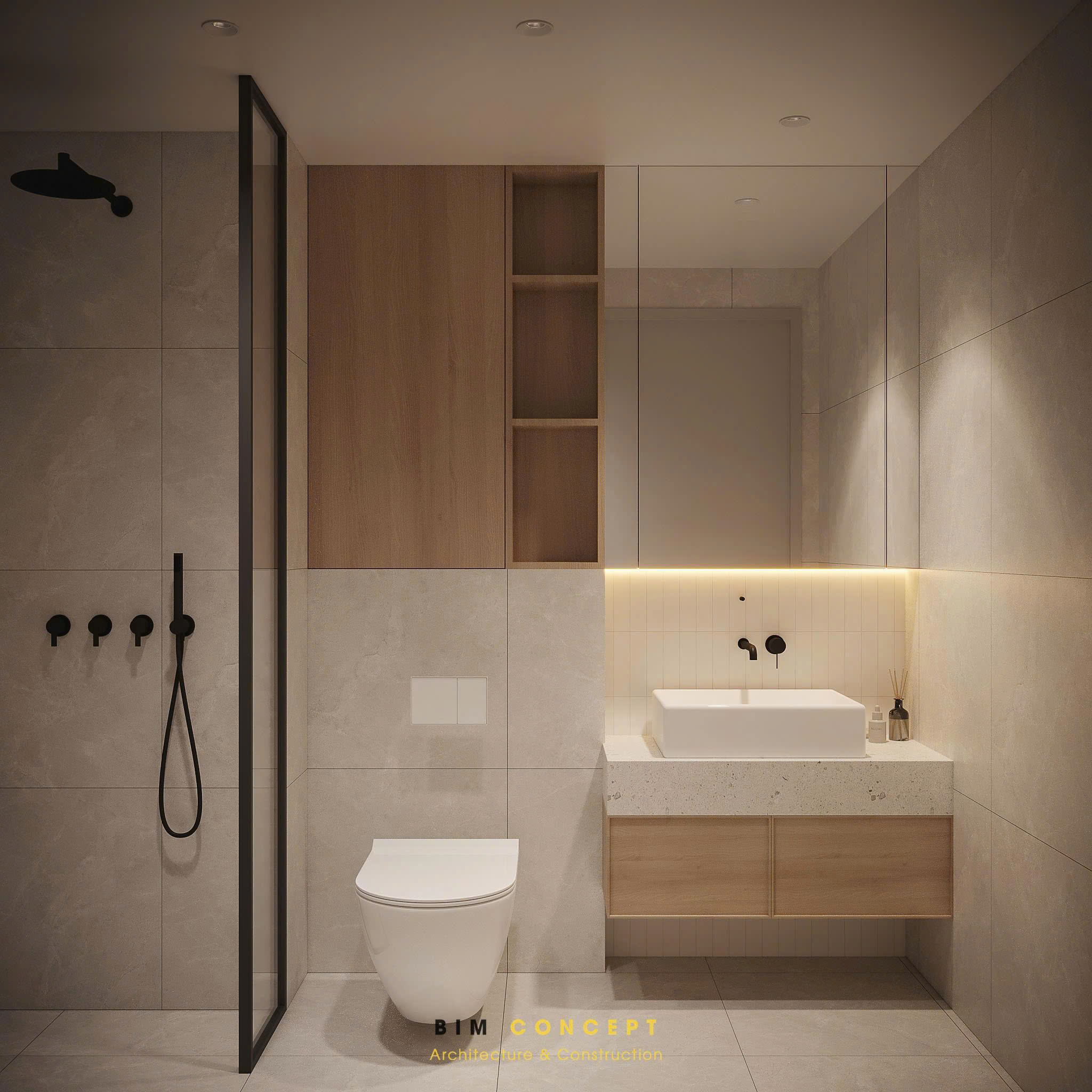 Phòng tắm theo phong cách nội thất tối giản Minimalism thường được thiết kế với bố cục rõ ràng giữa các khu vực