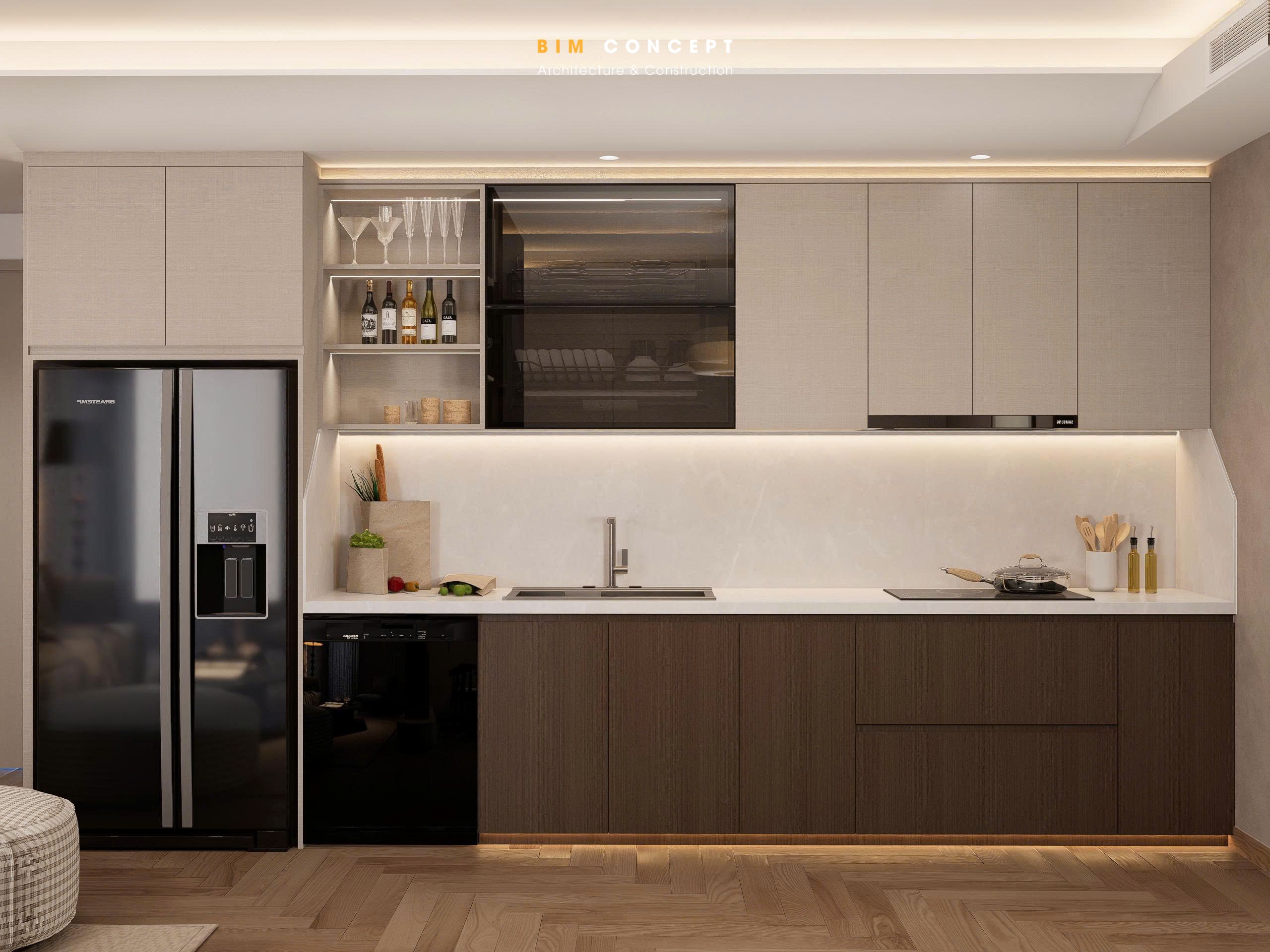 Thiết kế không tay nắm giúp các bề mặt trở nên liền mạch, giữ trọn tinh thần tối giản hiện đại.