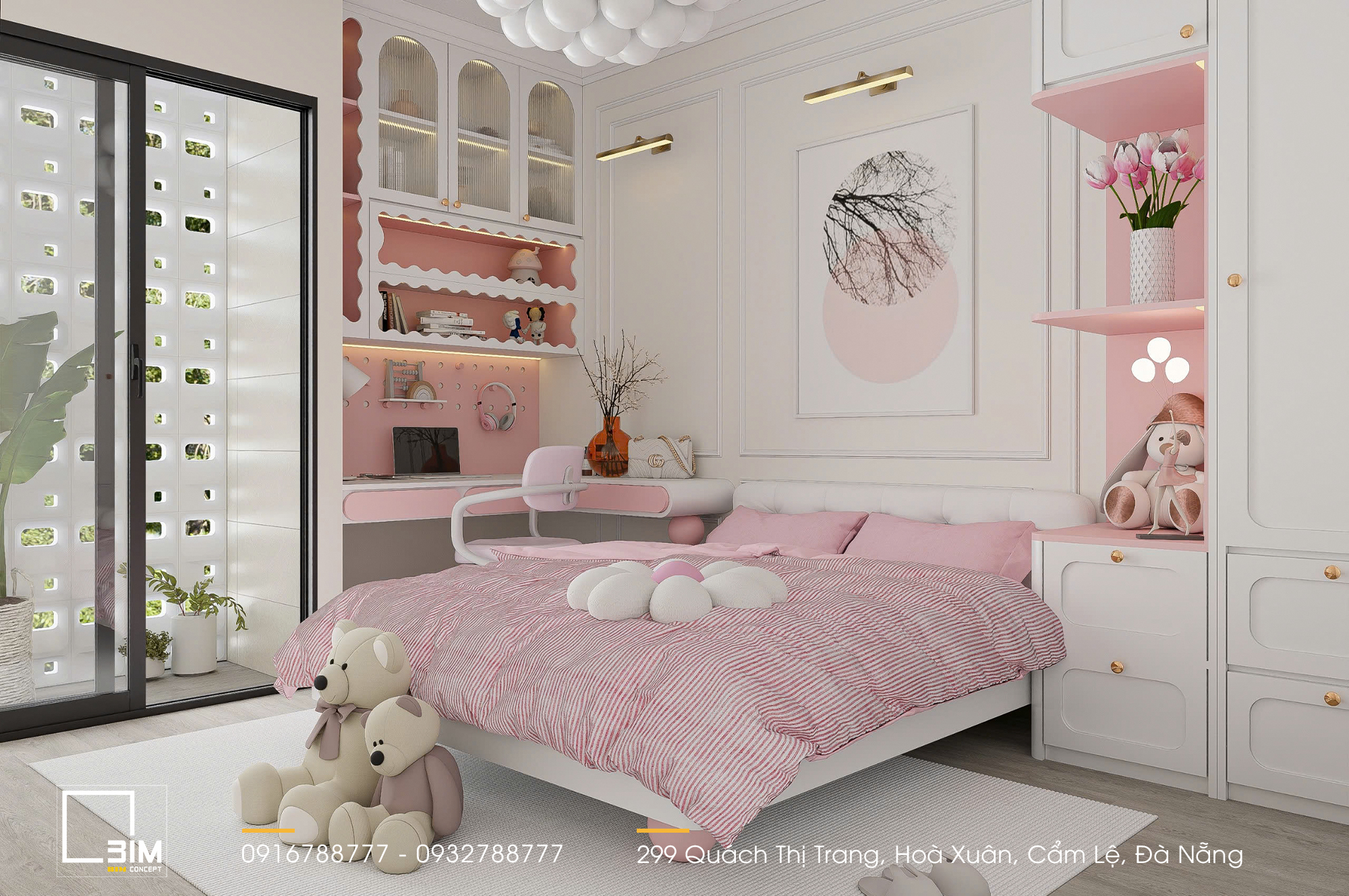 Không gian phòng ngủ được thiết kế với tông hồng pastel nhẹ nhàng kết hợp các đường nét mềm mại