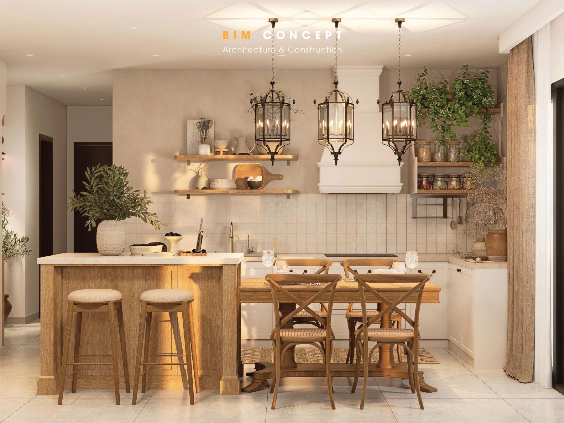 Thiết kế nội thất phòng bếp căn hộ Vista phong cách Farmhouse