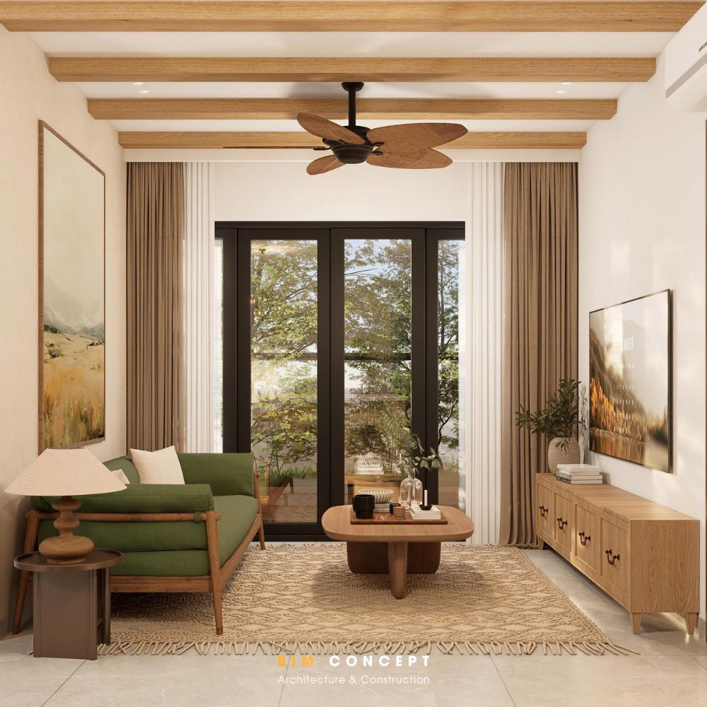 Các chi tiết trang trí như tranh phong cảnh, thảm dệt họa tiết và cây xanh được lựa chọn hài hòa