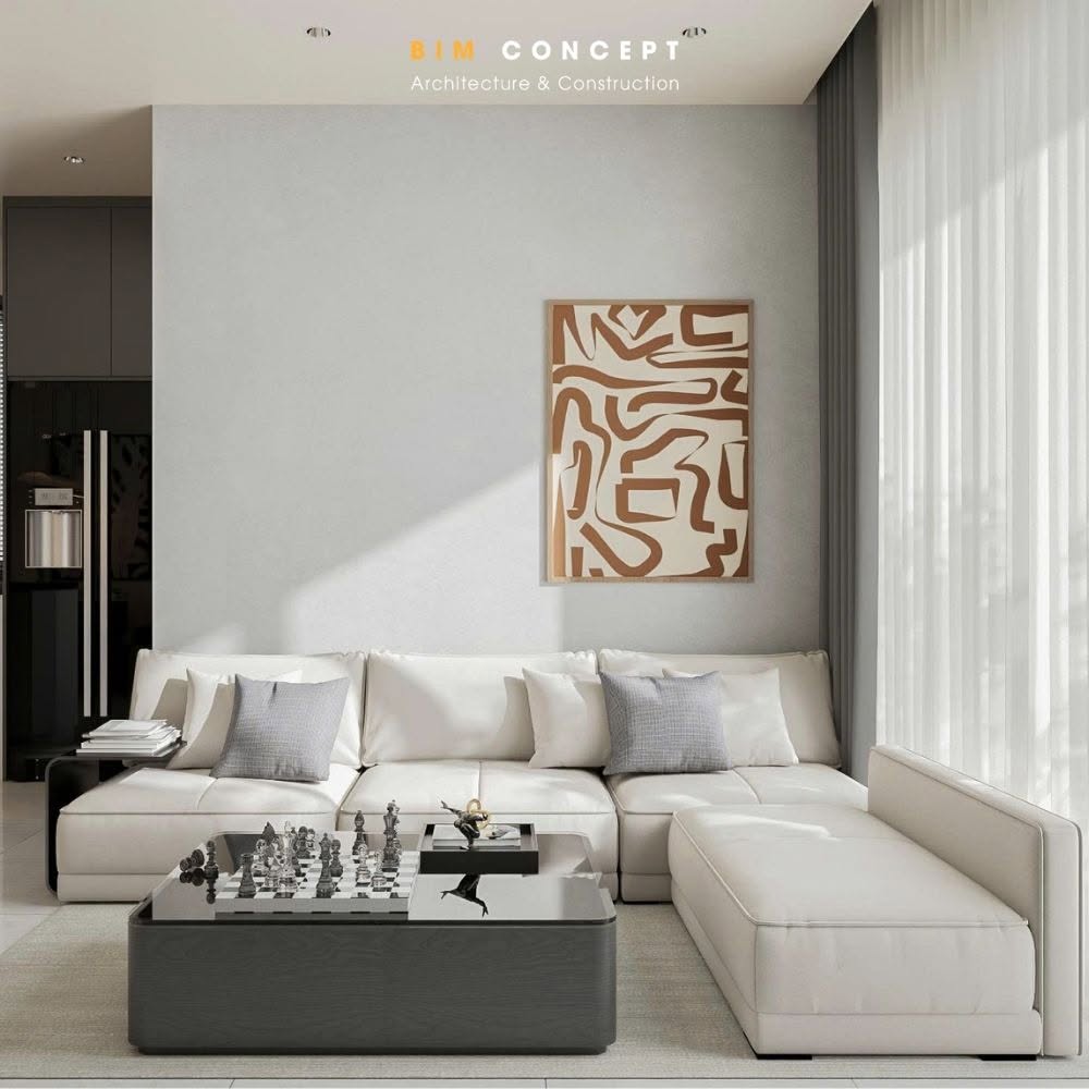 Gam màu trắng, xám kết hợp cùng những điểm nhấn gỗ ấm áp mang đến tổng thể thanh lịch