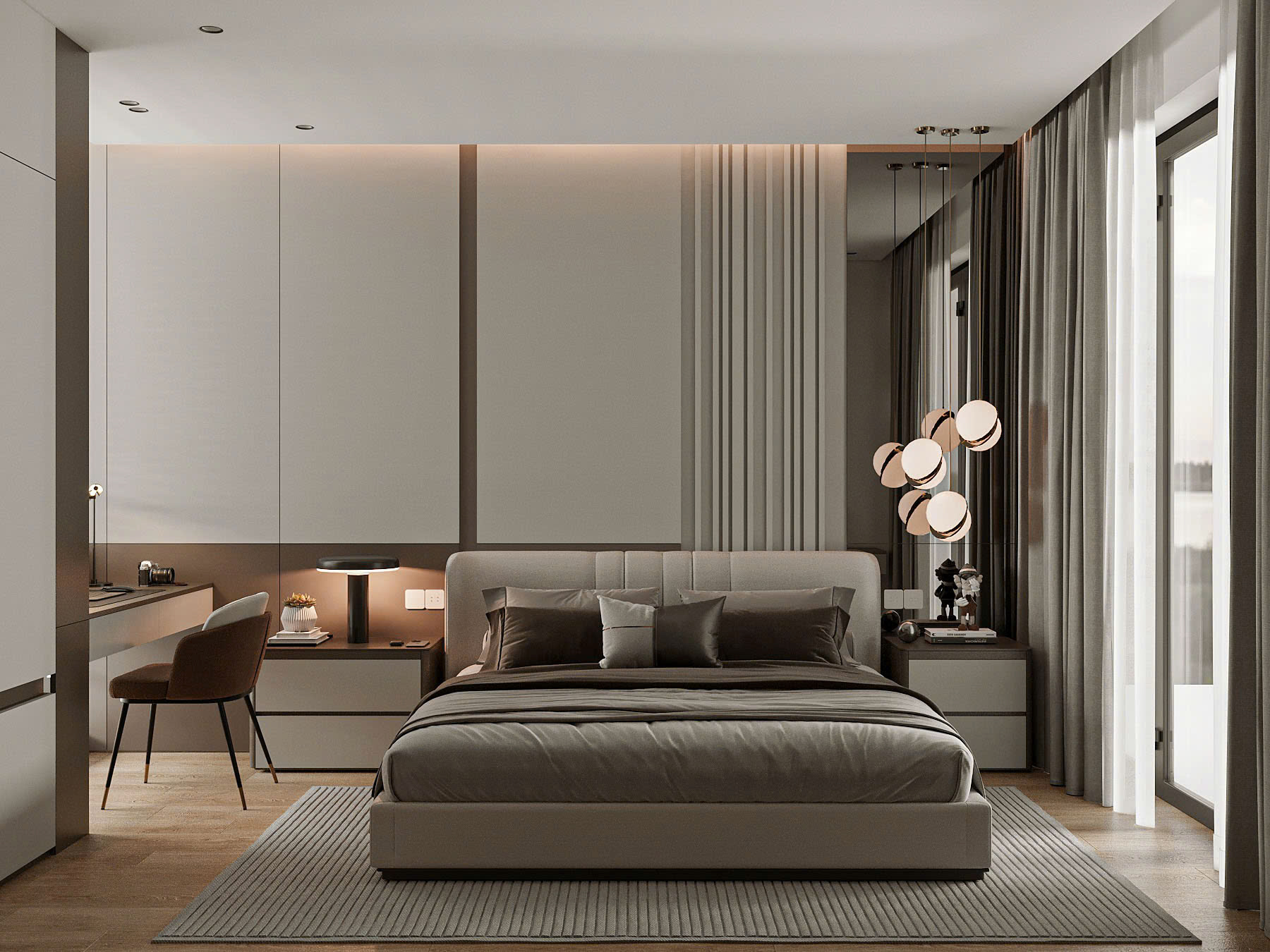 Sự kết hợp giữa vật liệu cao cấp và bảng màu trung tính tạo nên một tổng thể thanh lịch, sang trọng