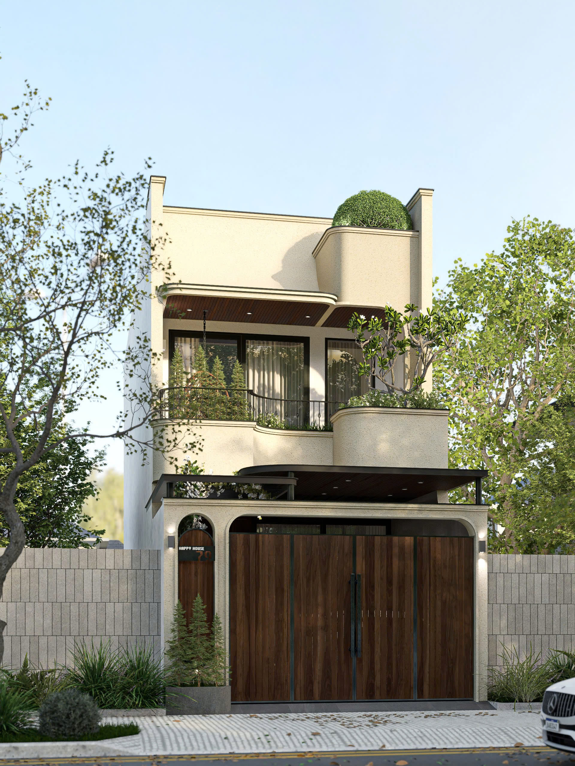 Mặt tiền Happy House gây ấn tượng bởi ngôn ngữ thiết kế hiện đại kết hợp những đường cong mềm mại đầy tinh tế