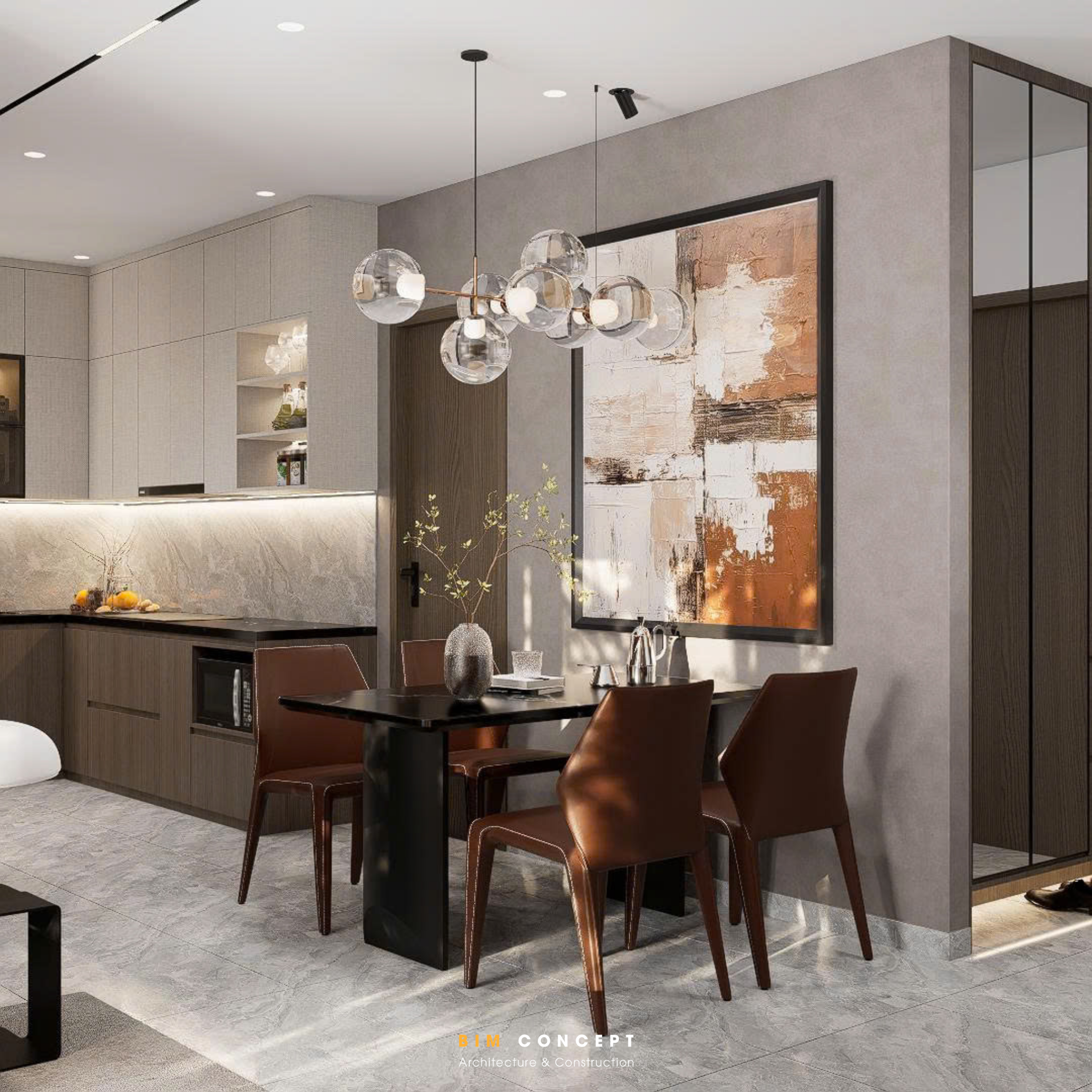 Trong thiết kế căn hộ 76m², khu vực bếp được bố trí liền mạch với không gian sinh hoạt chung