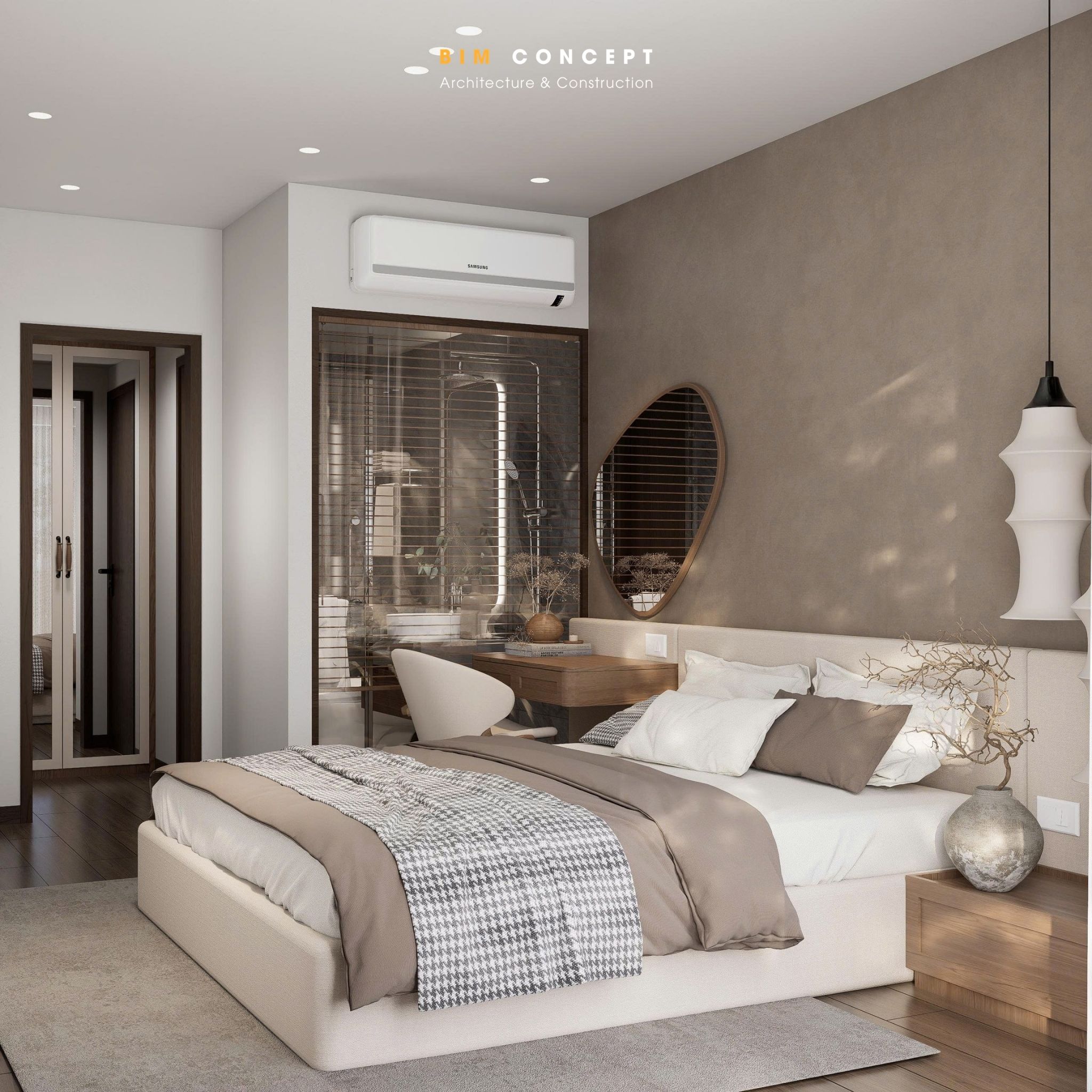 Bàn trang điểm treo, gương bo cong và đèn thả trang trí tạo điểm nhấn tinh tế