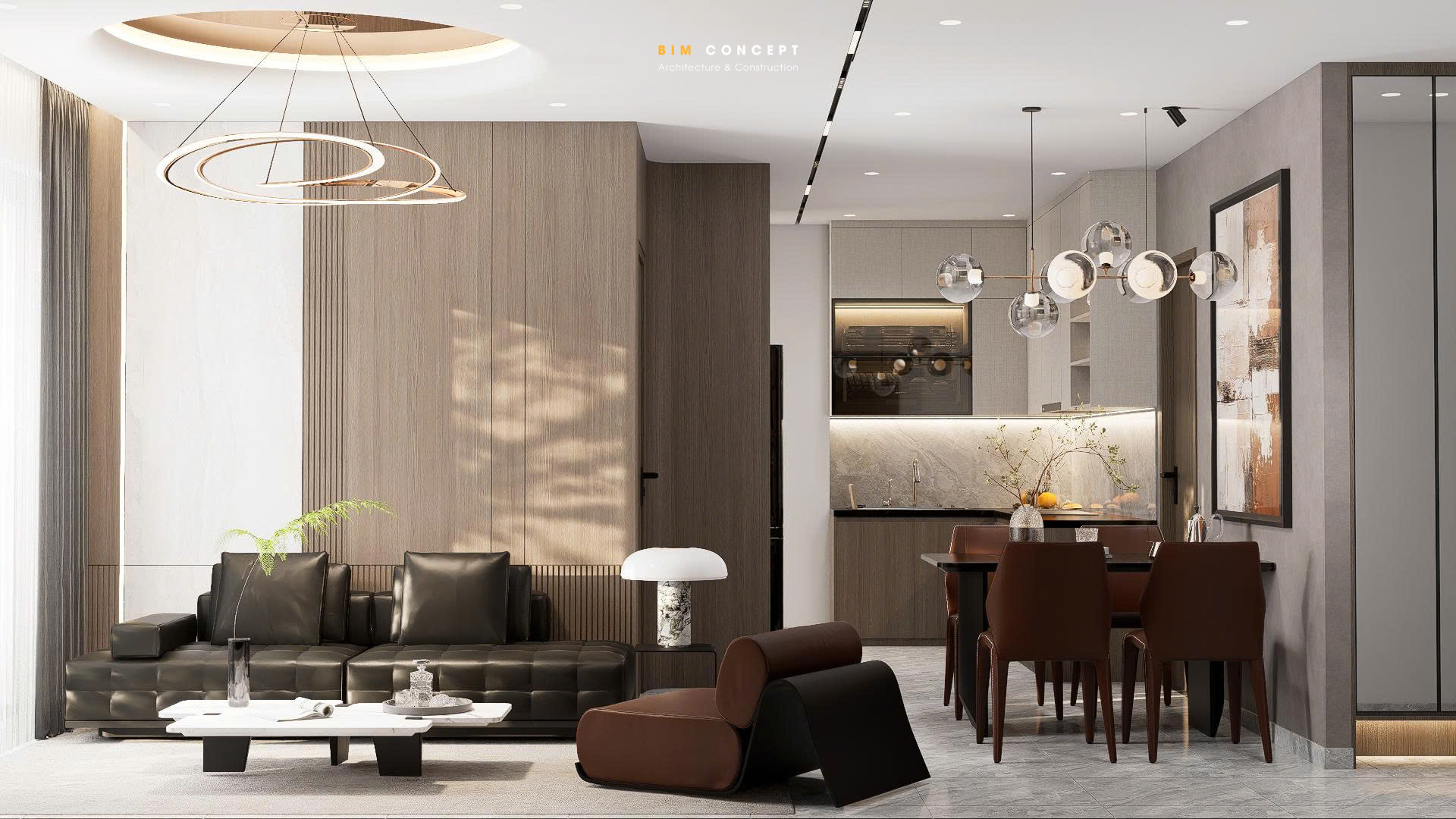 Bim Concept ưu tiên bố cục không gian mở, giúp kết nối phòng khách với khu vực bếp – ăn, đồng thời tối ưu sự thông thoáng và tính liền mạch trong sinh hoạt hằng ngày.