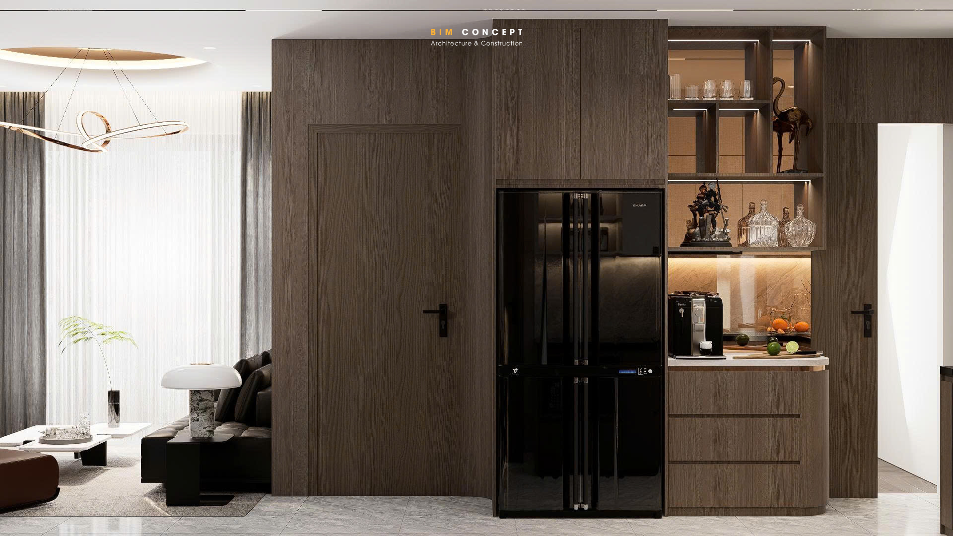 Điểm nhấn của không gian là khu vực pantry được tích hợp khéo léo với tủ trưng bày và quầy pha chế nhỏ