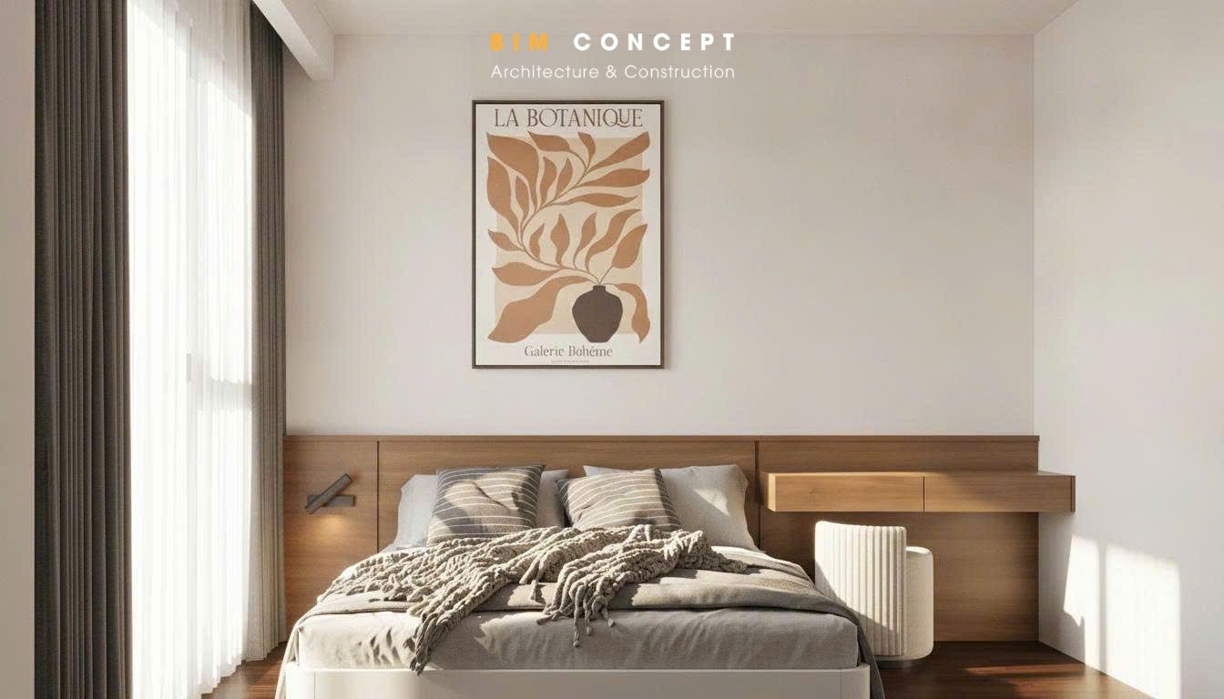 Phòng ngủ 01 được thiết kế theo phong cách hiện đại với bảng màu trung tính kết hợp chất liệu gỗ tự nhiên